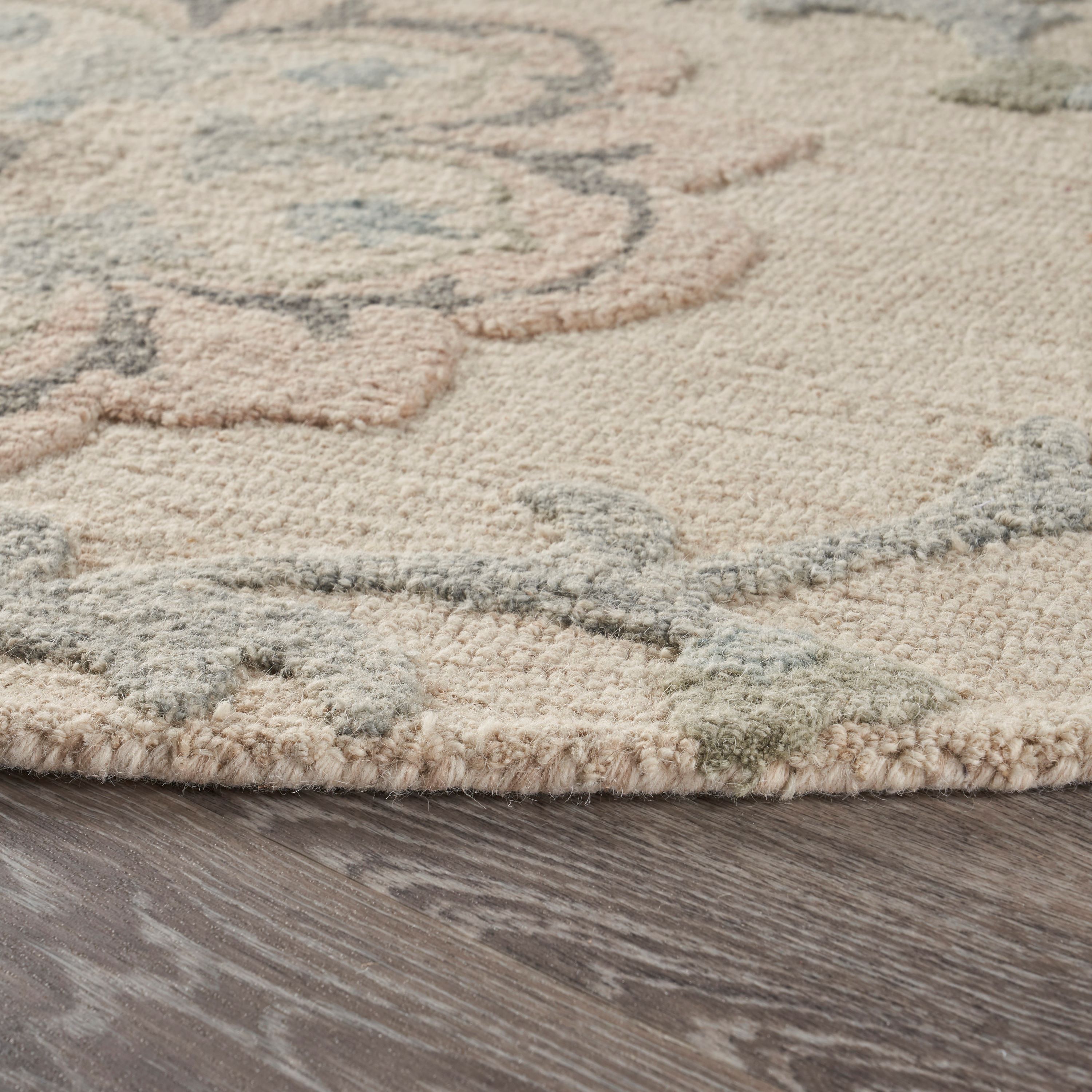 Ivory and Light Blue Round Floral Wool Area Rug