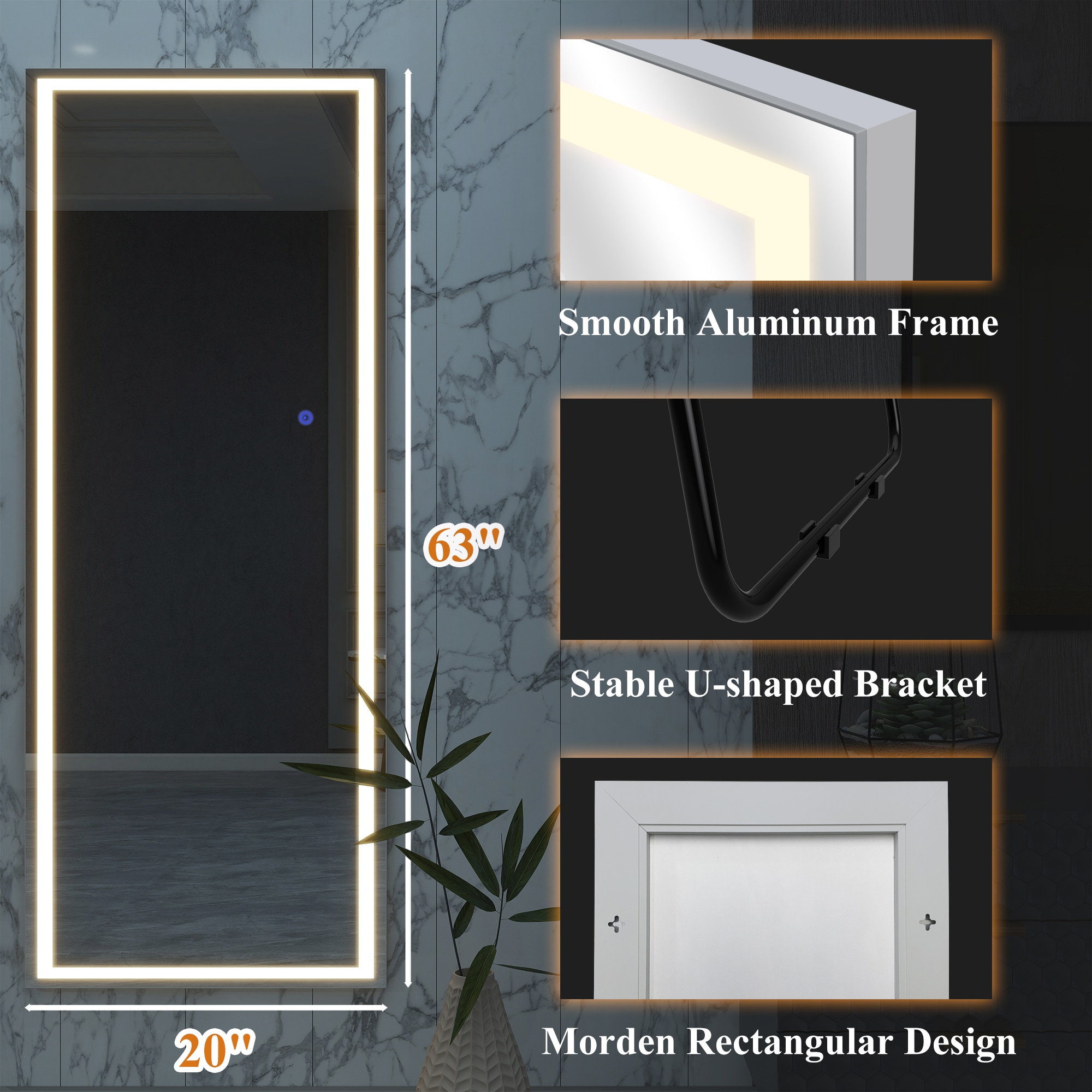 NeuType 20in x 63in Framed Dimmable Lighted Bathroom Vanity Mirror