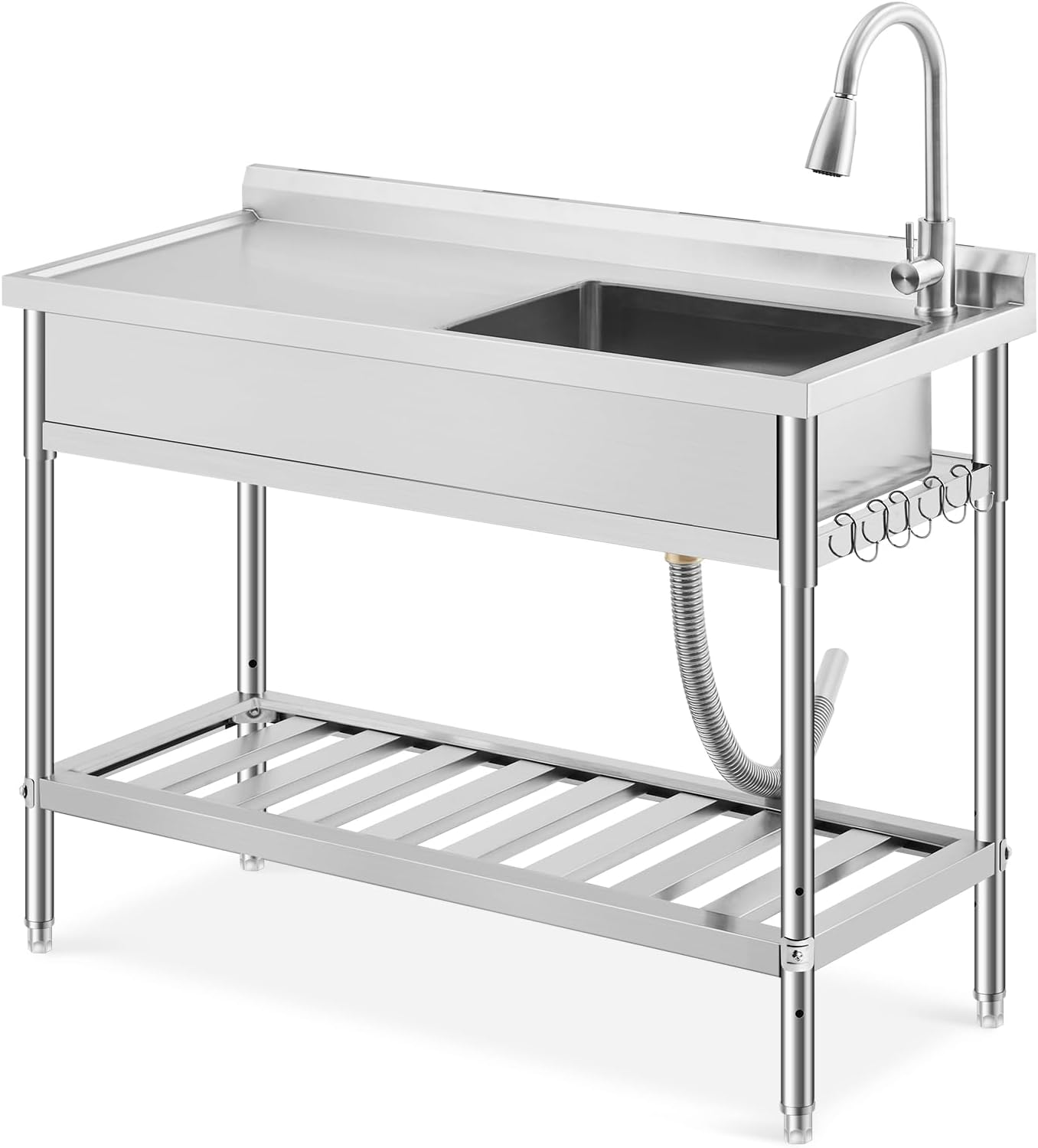 GAOMON 47x20x37in Stainless Steel Utility Basin Pull-Out Hot and Cold Faucet Dual Shelf Adjustable Legs Knife Holder S-Hooks Heavy Duty for Kitchen Laundry Garage Commercial