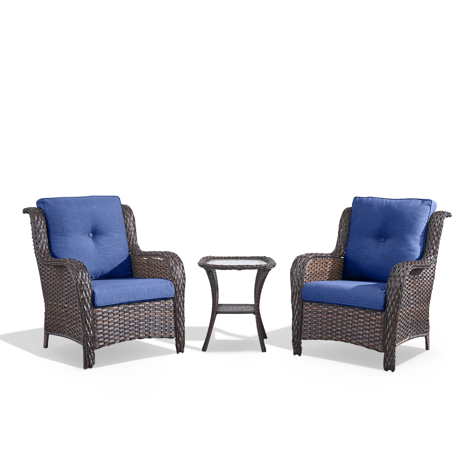 Rilyson FS006025-1 Curved armrest Set of 2 Wicker Brown Wicker Frame Stationary Conversation Chair with Blue Blue Cushioned Seat