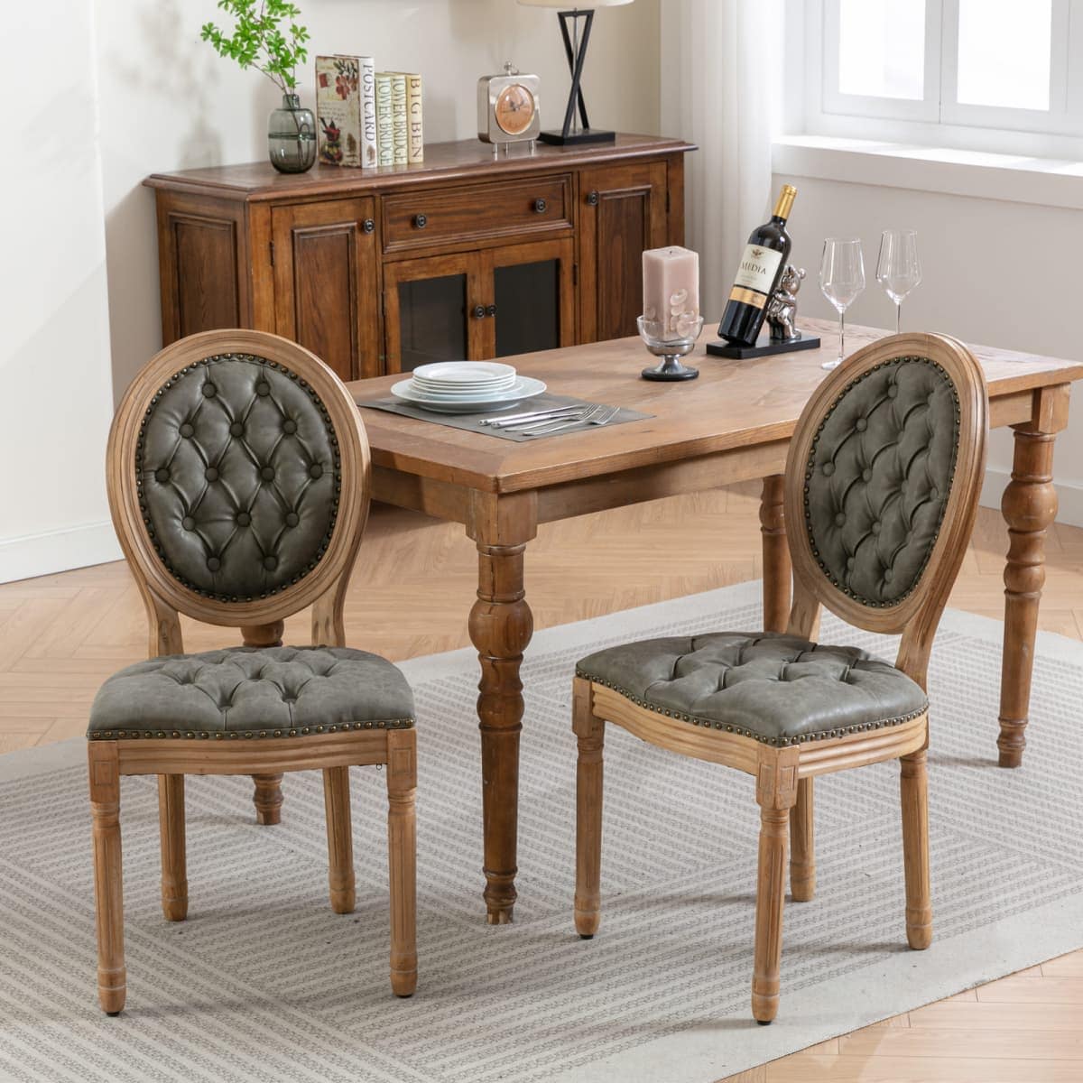 Maison Boucle - Set of 2 Green Tufted Faux Leather Dining Chairs with Nailhead Trim and Solid Woo...