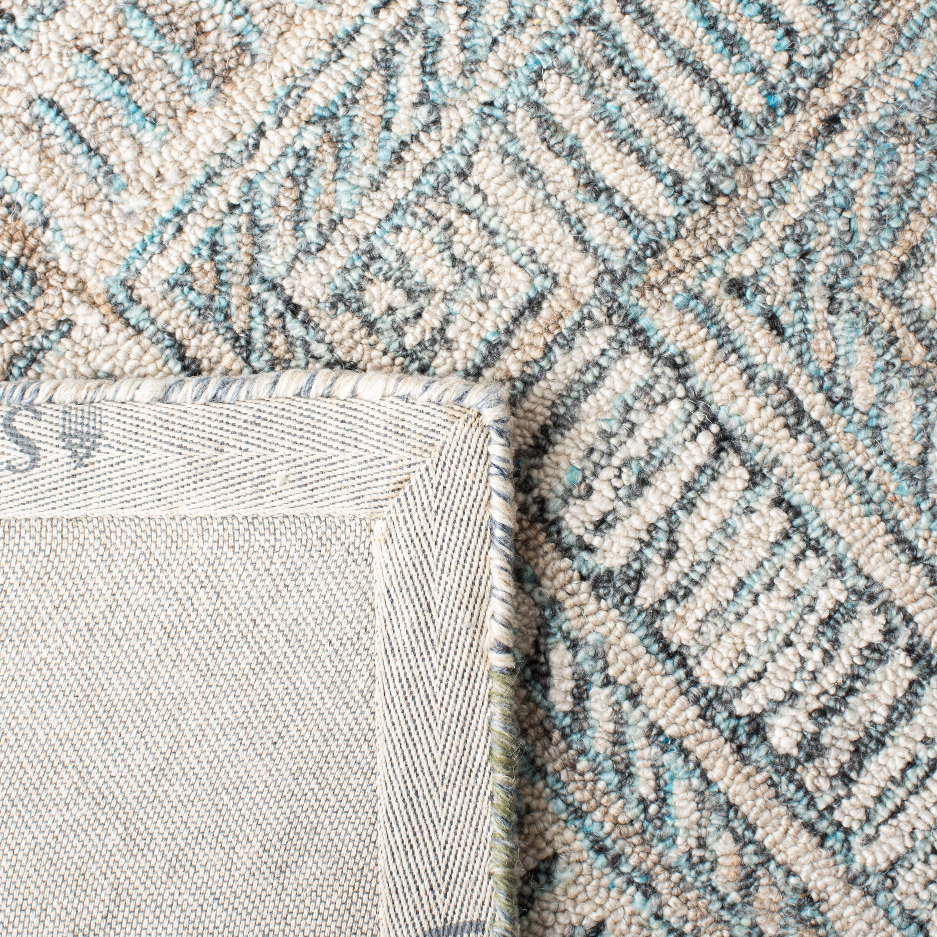 Turquoise and Beige Hand-Tufted Wool Geometric Square Rug