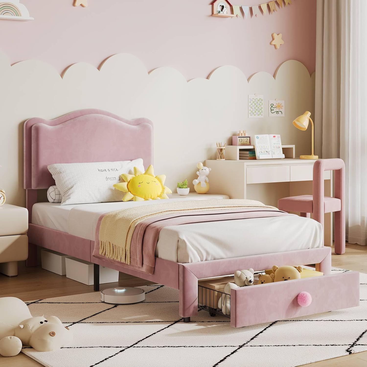 Qeetex LHF-BED-5915015 Upholstered Kids Bed Frame Noise-Free Toddler Platform Bed Frame with Headboard and Storage Drawer Children Bedroom Furniture with Strong Wood Slats Easy Assembly No Box Spring Needed