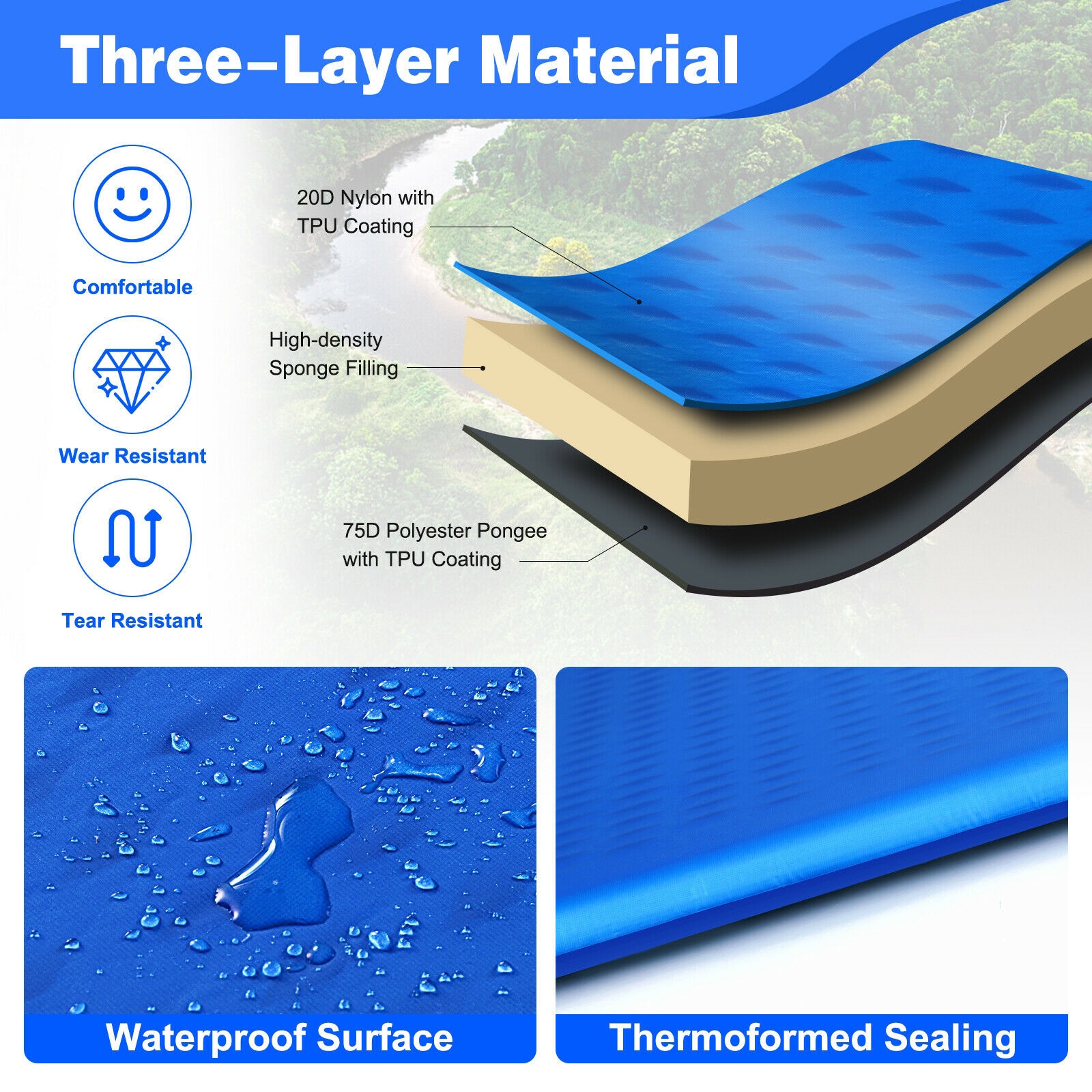 Blue Self-Inflating Nylon Camping Sleeping Pad with Carrying Bag