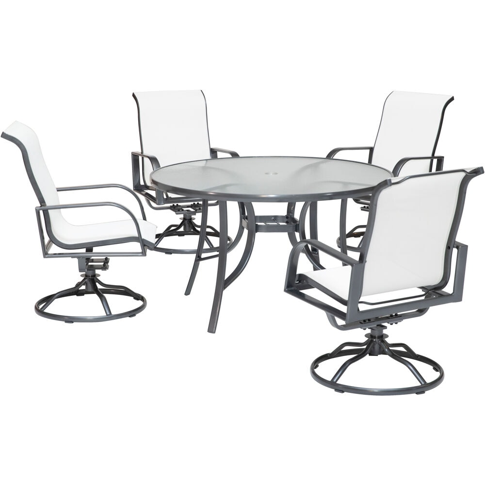 Hanover PHOEDN5PCSWSQ-WHT Phoenix 5 -Piece Gray Patio Dining Set Aluminum Round Table with 4 White Swivel Rocker Chairs