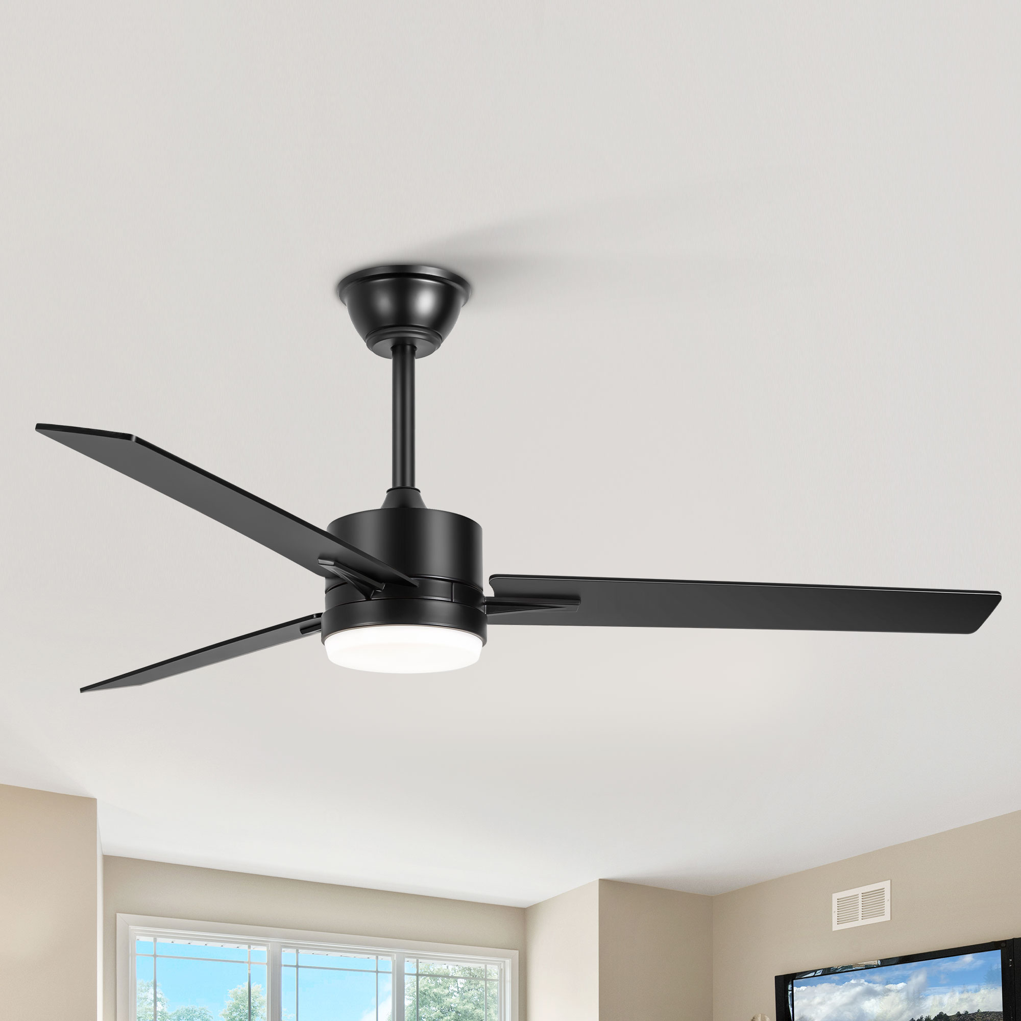 Breezary 33071-BW 52-in Color-Changing Integrated LED Matte Black with Dark Red and Black Blades Propeller Ceiling Fan With Light - Remote Included ( 3 -Blade )