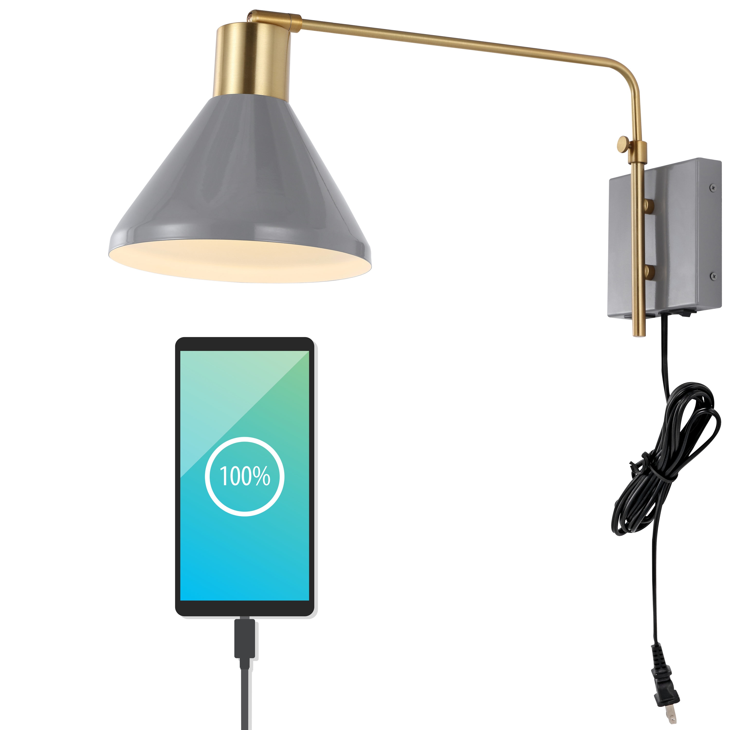 JONATHAN  Y JYL1303C Max Iron Swing Arm with USB Charging Port Mid-Century 8-in W 1 -Light Satin Gray Wall Sconce