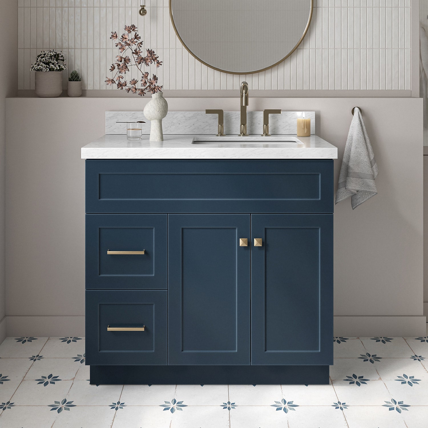 ARIEL F037SRCWRVOMNB Hamlet 37-in Midnight Blue Undermount Single sink Bathroom Vanity with Carrara White Marble Natural marble Top