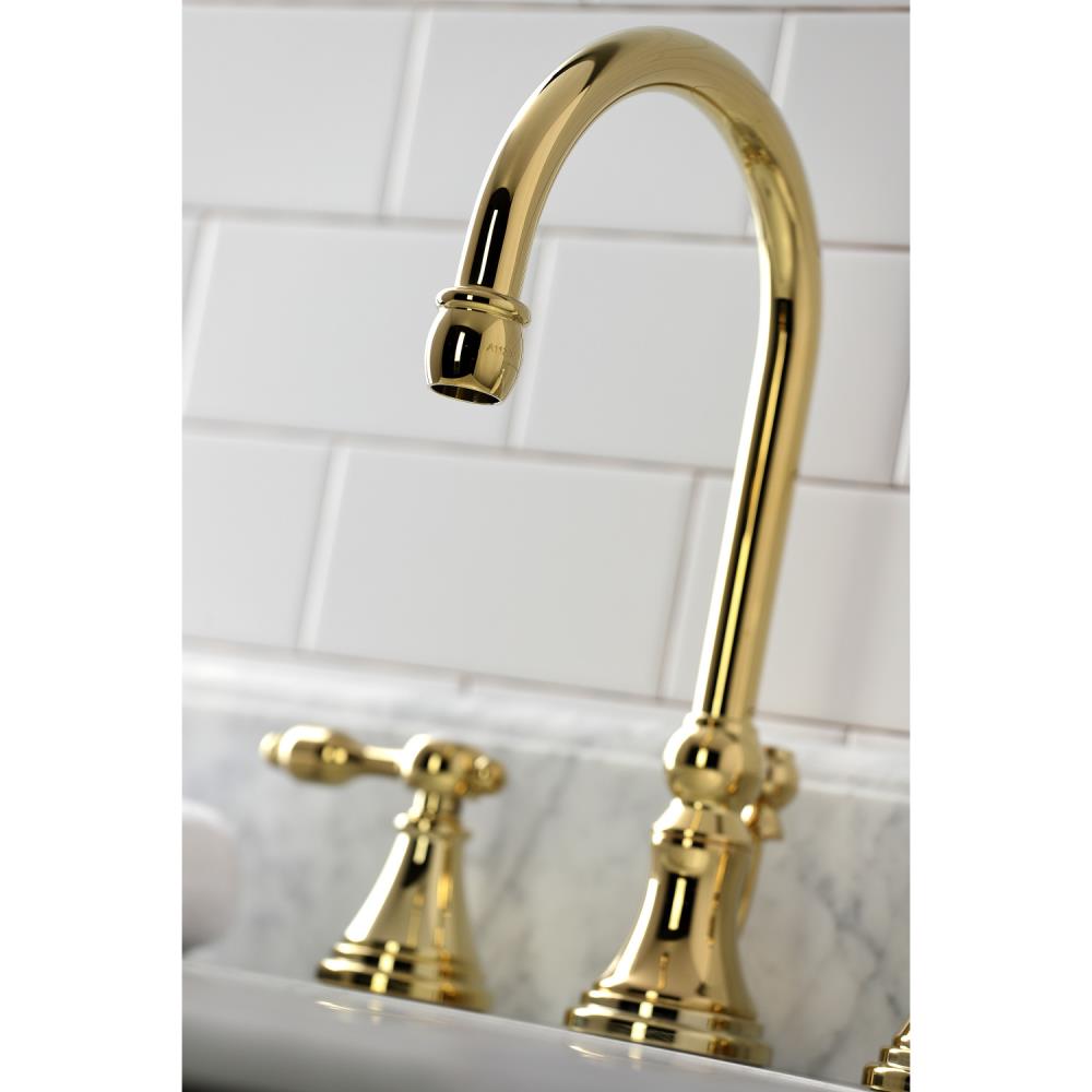 Kingston Brass Tudor Polished Brass Widespread 2 Handle Bathroom Sink Faucet With Drain In The 3032