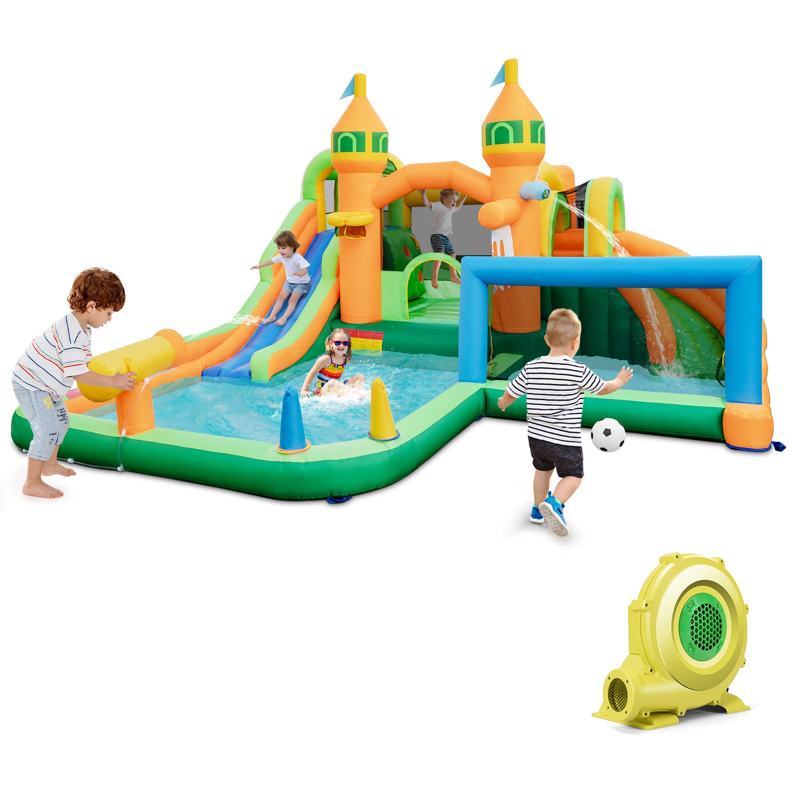 Slickblue D-CO-38642PE+53211PN 186 in Inflatable Oxford Cloth  PVC Bounce House with Water Slide Backyard Outdoor Play Multicolor
