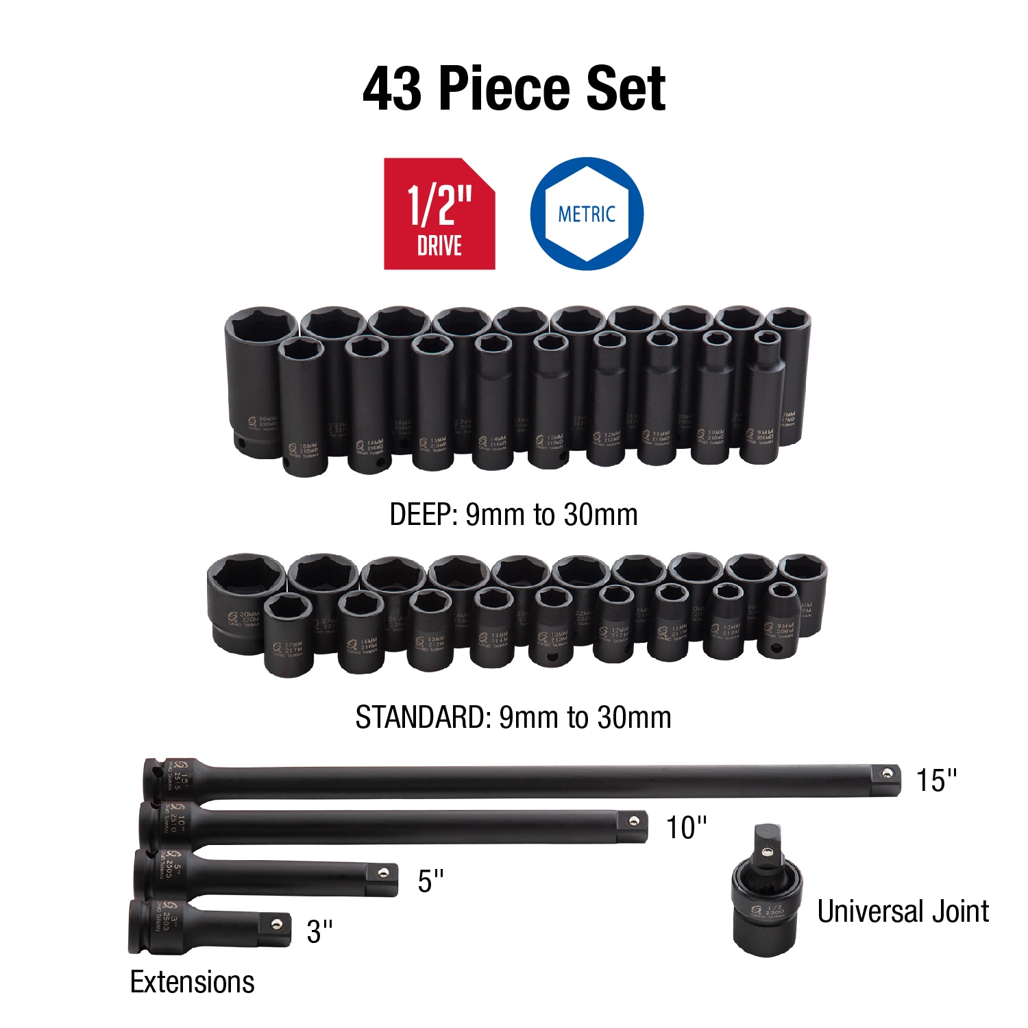 SUNEX TOOLS 43-Piece Metric 1/2-in Drive Set 6-point Impact Socket Set 2569 Sansujyuku sansujyuku.com