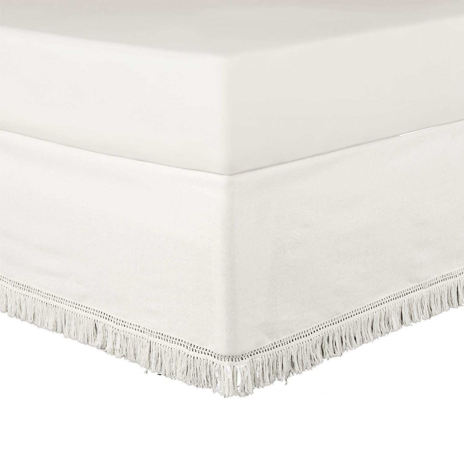 Pure White Queen Cotton Linen Boho Fringe Bed Skirt