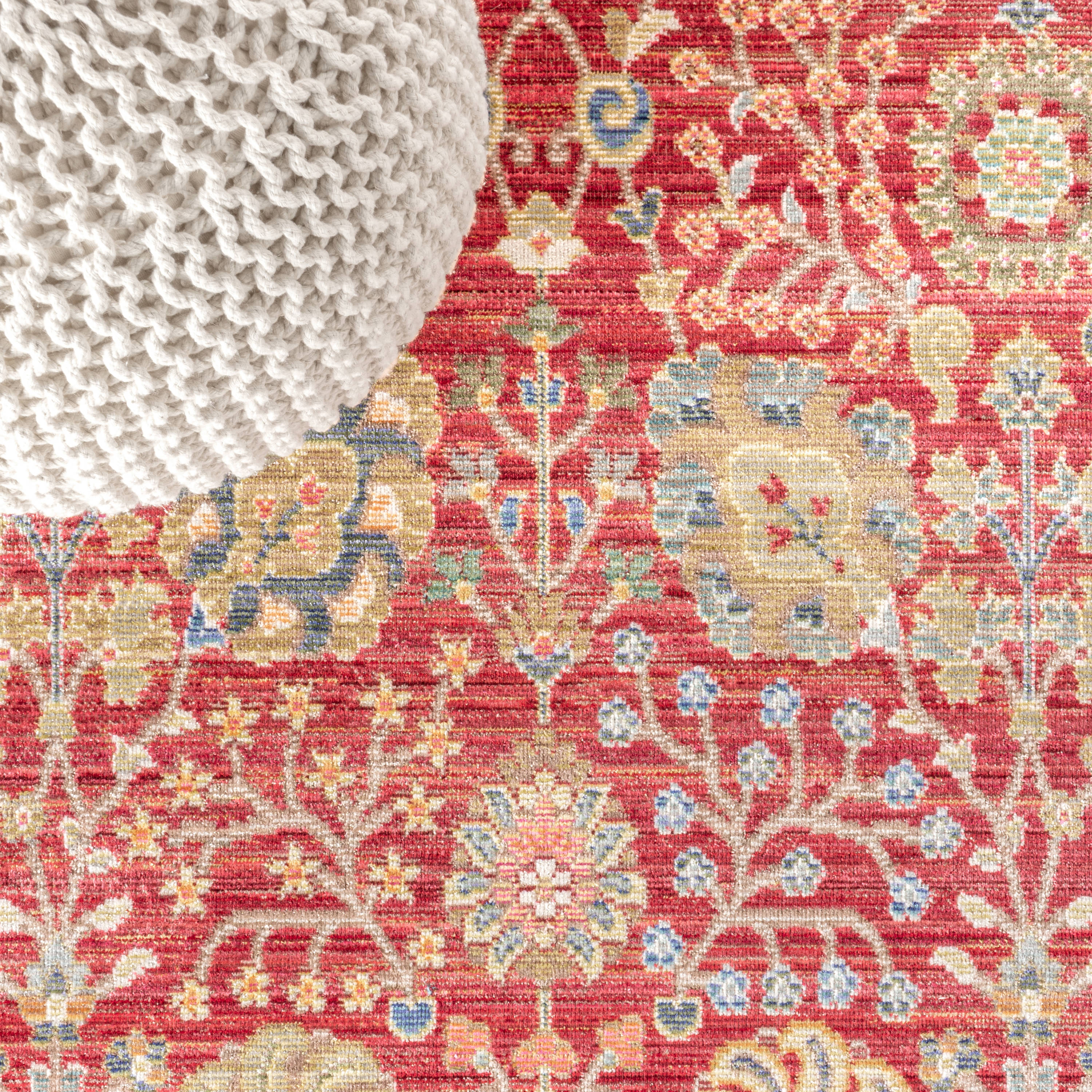 Burgundy and Light Blue Synthetic Floral Area Rug