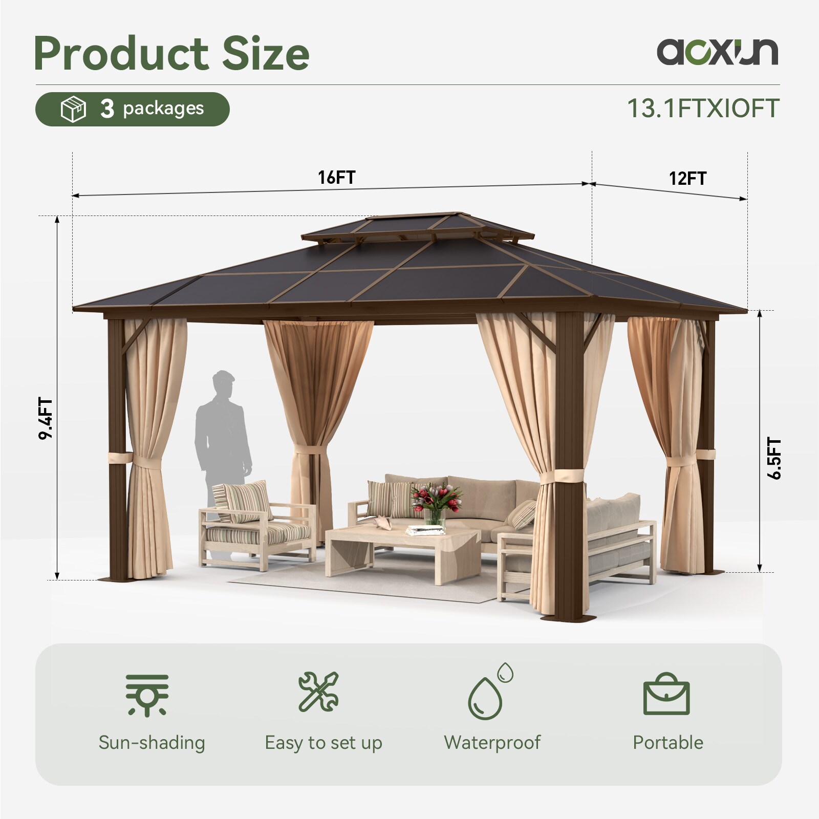 12' x 16' Beige and Black Aluminum Hardtop Gazebo