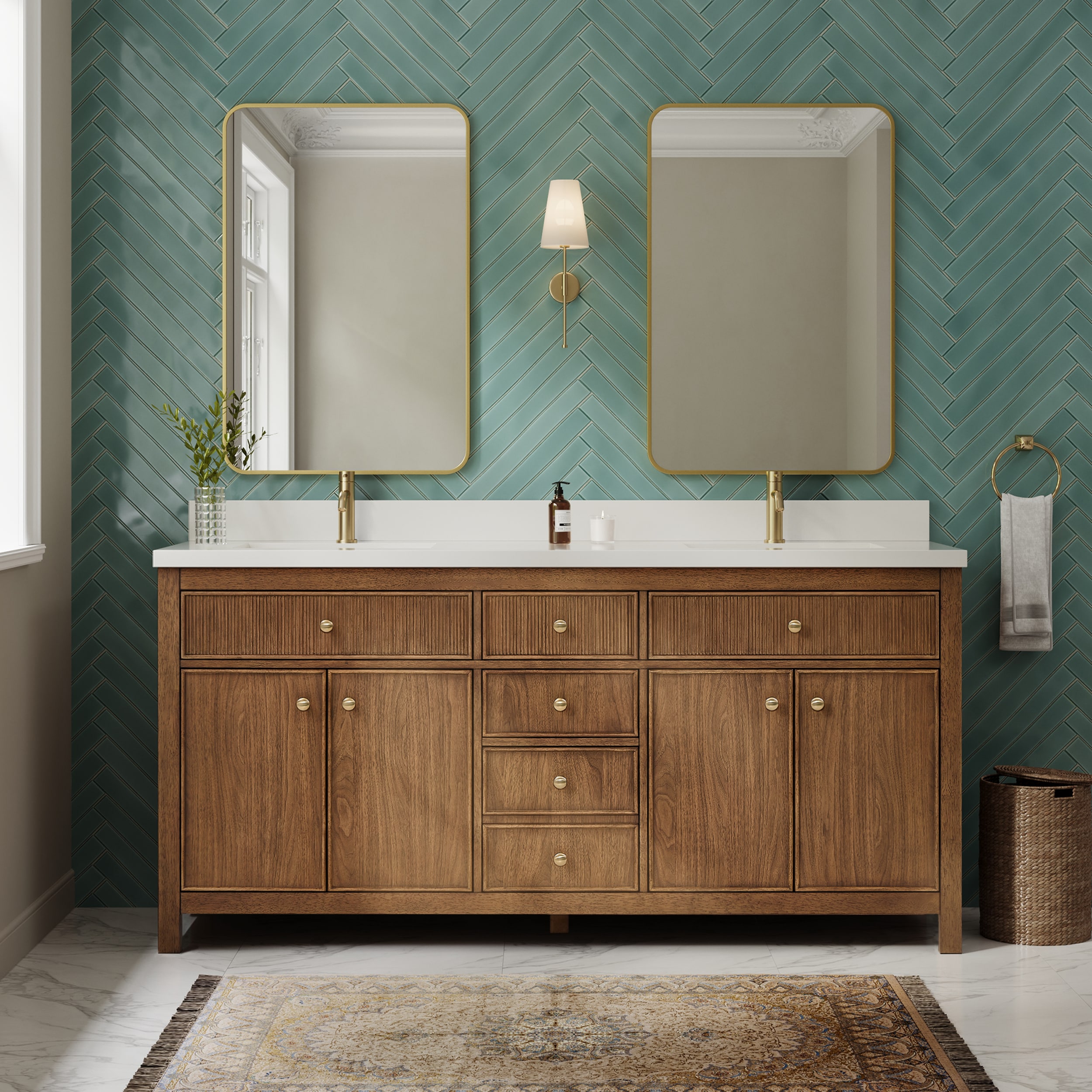 Wyndham Collection Rian 72 Inch Double Bathroom Vanity in Toasted Walnut, White Quartz Countertop, Undermount Square Sinks (1-Hole), Satin Bronze Trim