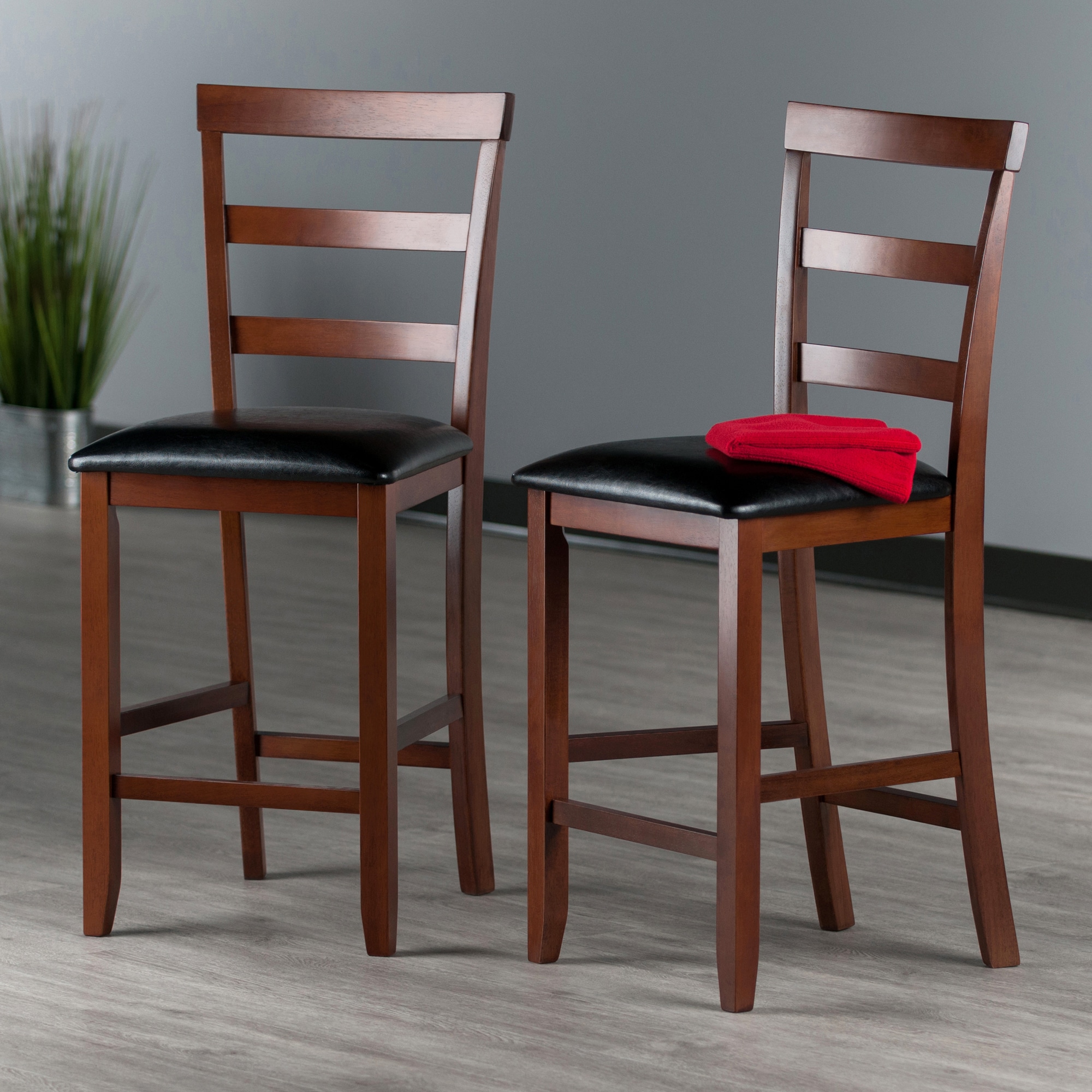 Walnut Wood & Black Leather Transitional Counter Stools, Set of 2