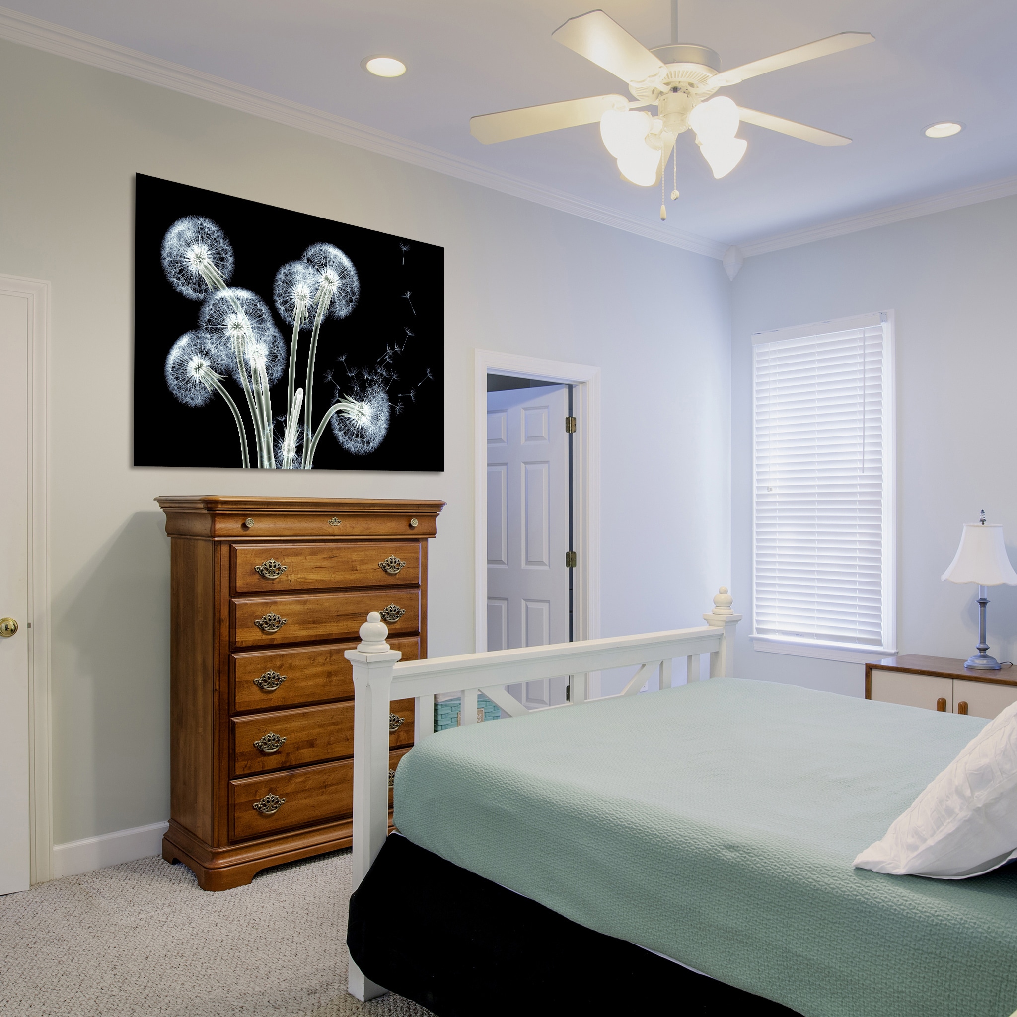 Dancing Dandelions Black and White Tempered Glass Wall Art