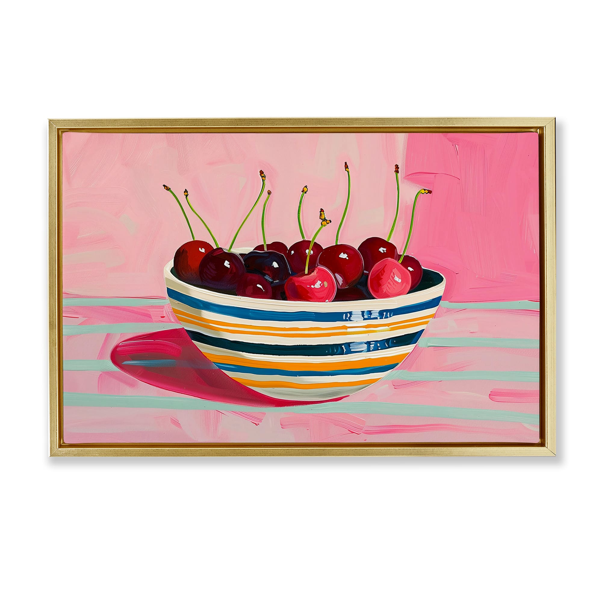 Stupell Industries BT-919-FFG-16X24 Bowl of Cherries on Pink Gold Framed Floater Canvas Wall Art By Arlington Prints 25 x 17