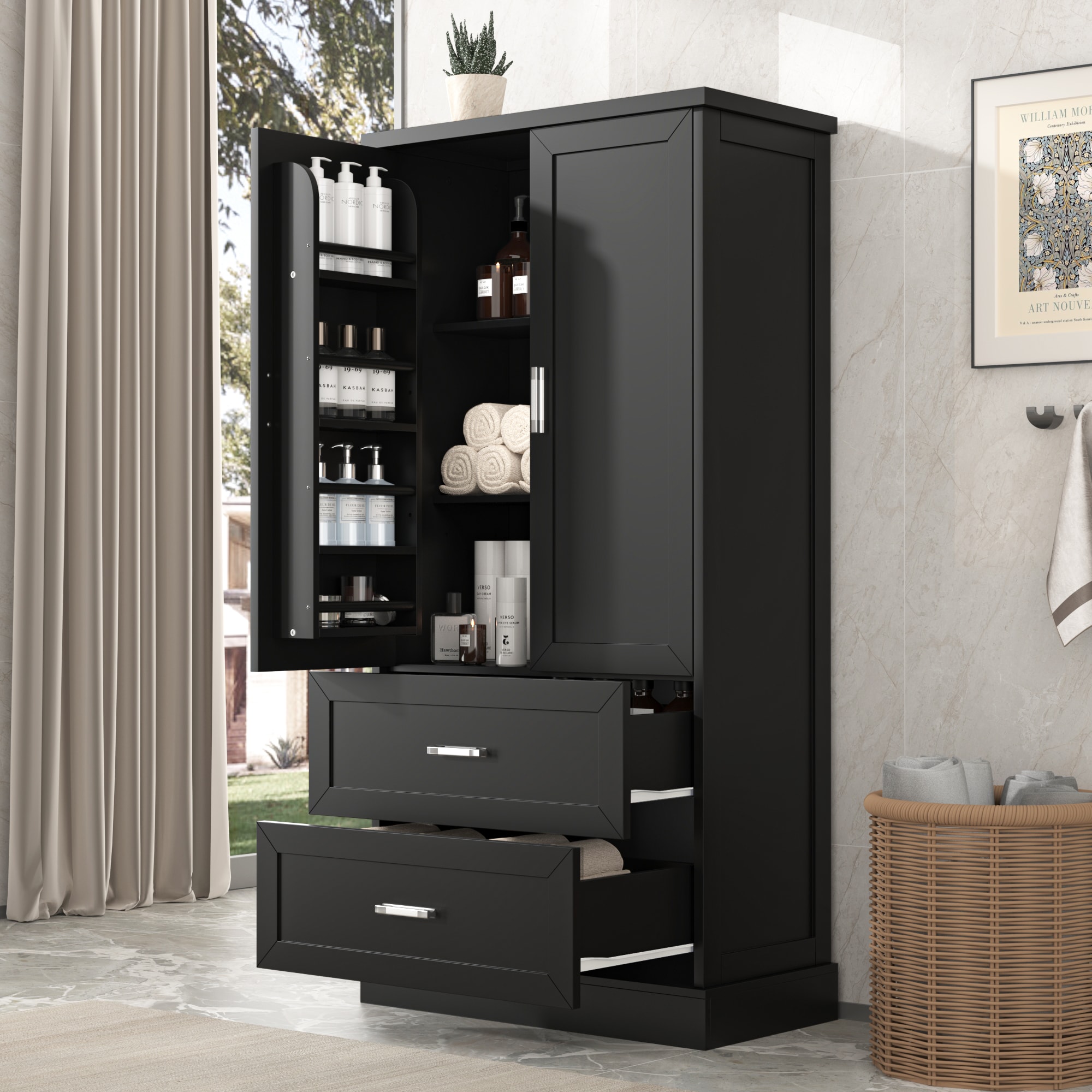 Tatayosi XH-P178675B Tall Bathroom Storage Cabinet with Two Doors and Drawers Adjustable Shelf MDF Board Black