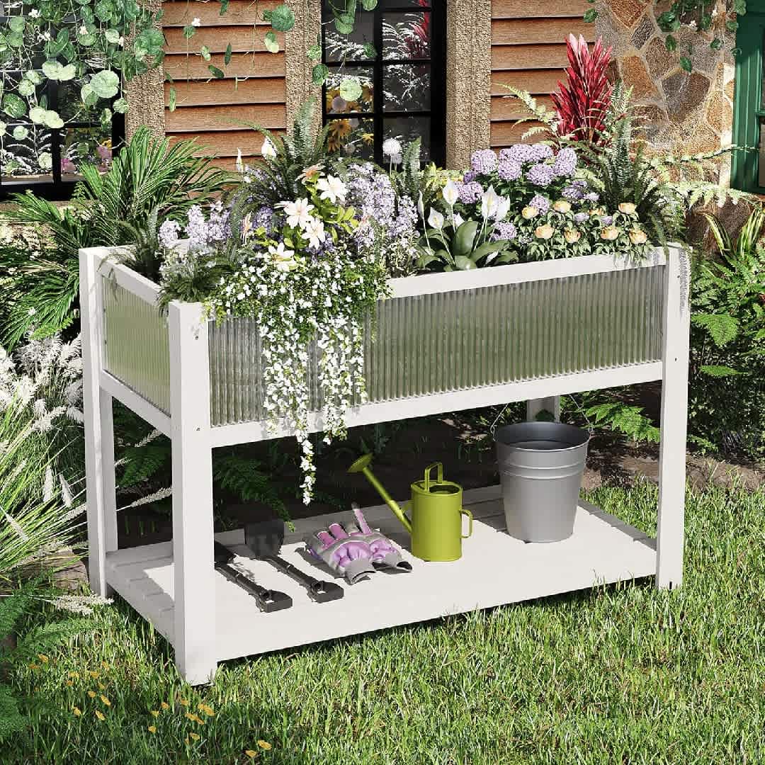 Qeetex KL-PHO-34GQEGYU Elevated Wood Planter Box Mobile Design Storage Shelf Multi Tier Planting for Herbs Vegetables Flowers Patio Deck Backyard