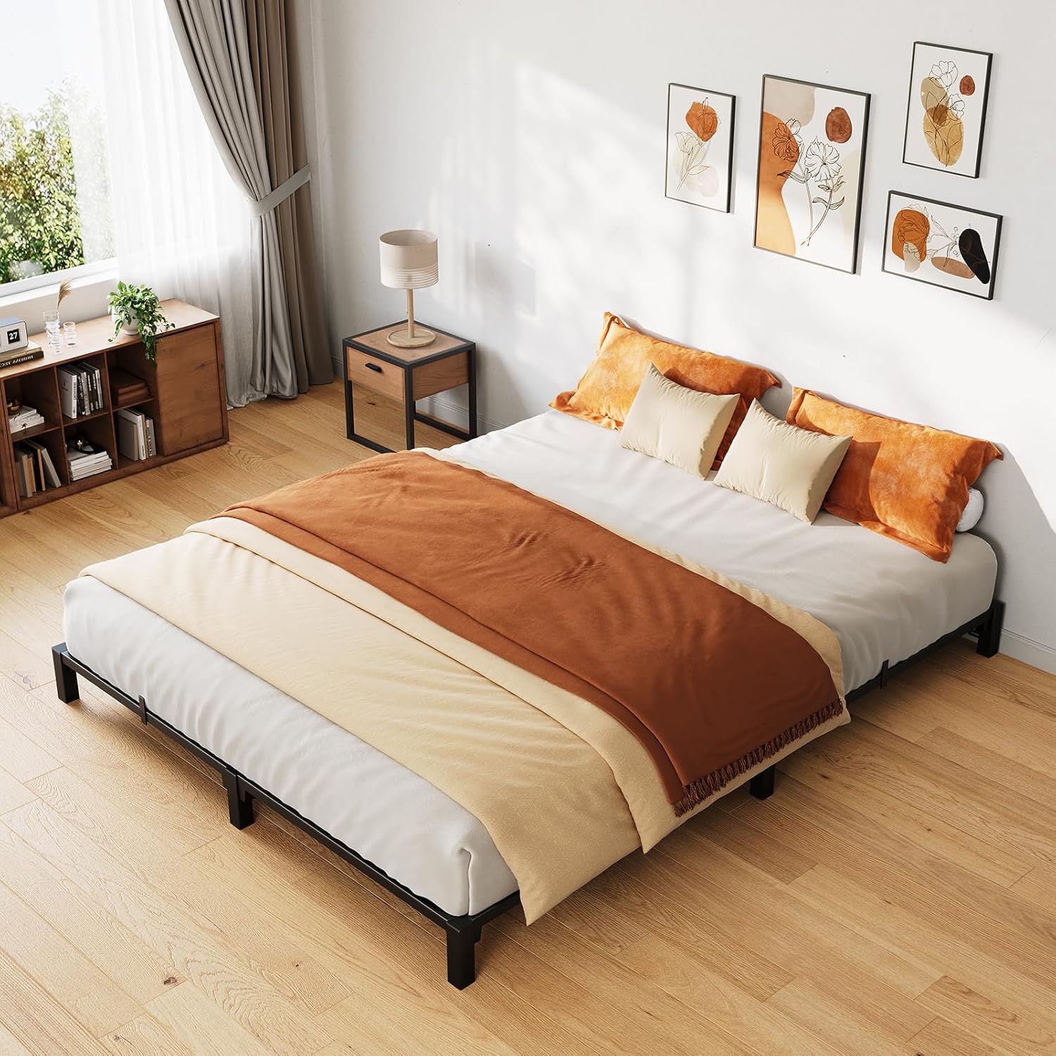 Qeetex LHF-BED-PHK-33FNNC8P 6 Inch King Bed Frame Heavy Duty Metal Platform Bed Frame with Durable Iron Slat Support and Legs No Box Spring Required No Screws Needed Support Up to 800 Lbs