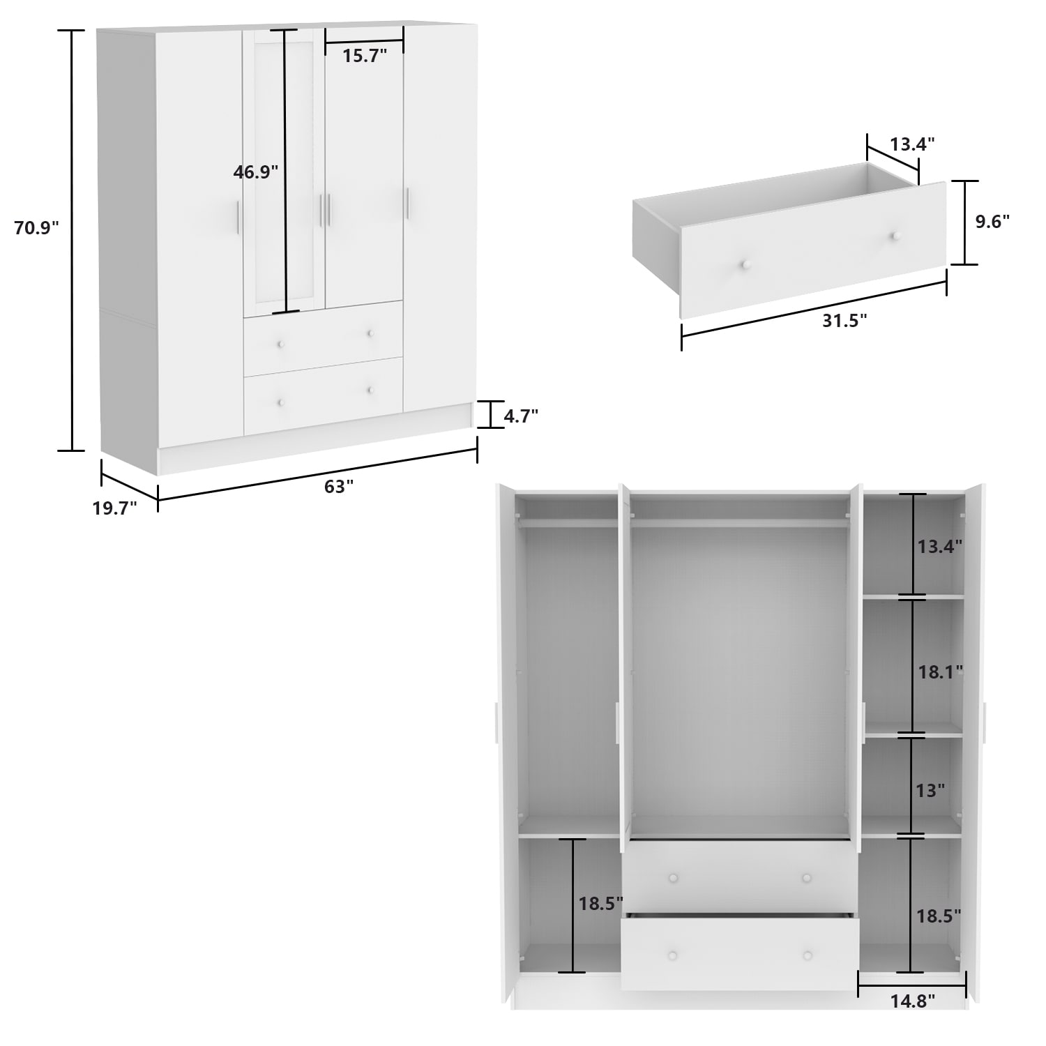 FUFU&GAGA 4-Door Wardrobe Closet With Metal Hanging Rods, Shelves, And ...