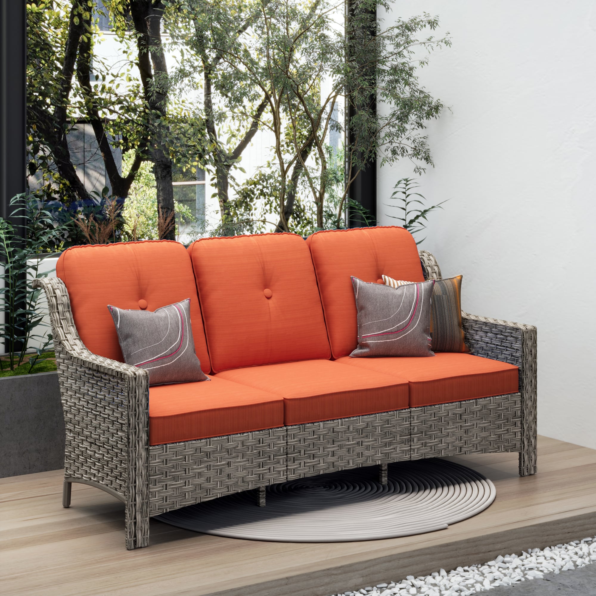 Ovios PD8021 Wicker Outdoor Sofa with Orange Cushions and Iron Frame