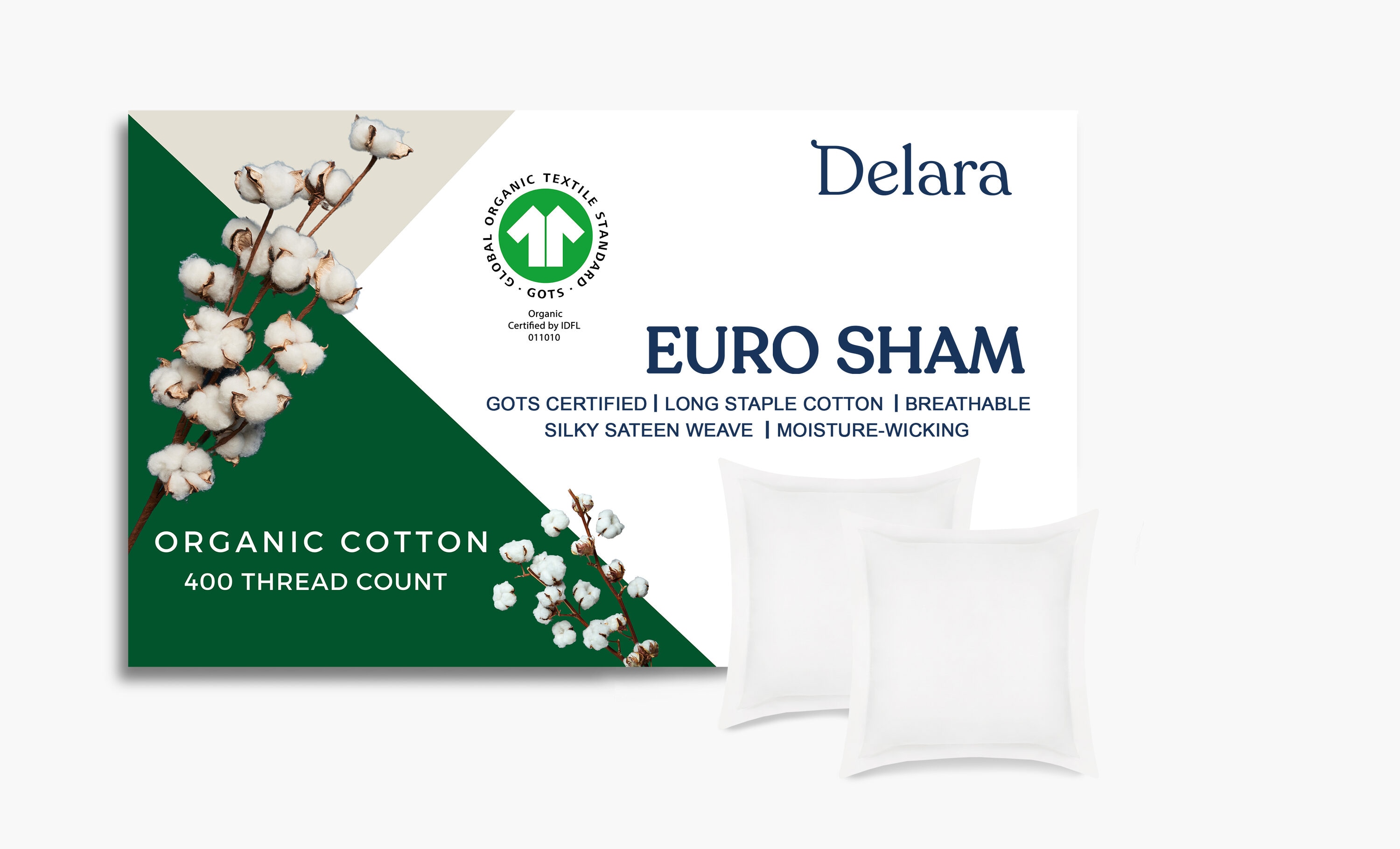 Delara - GOTS Certified Organic Cotton Euro Sham Pack of 2 Long Staple Cotton 400 Thread Count U...