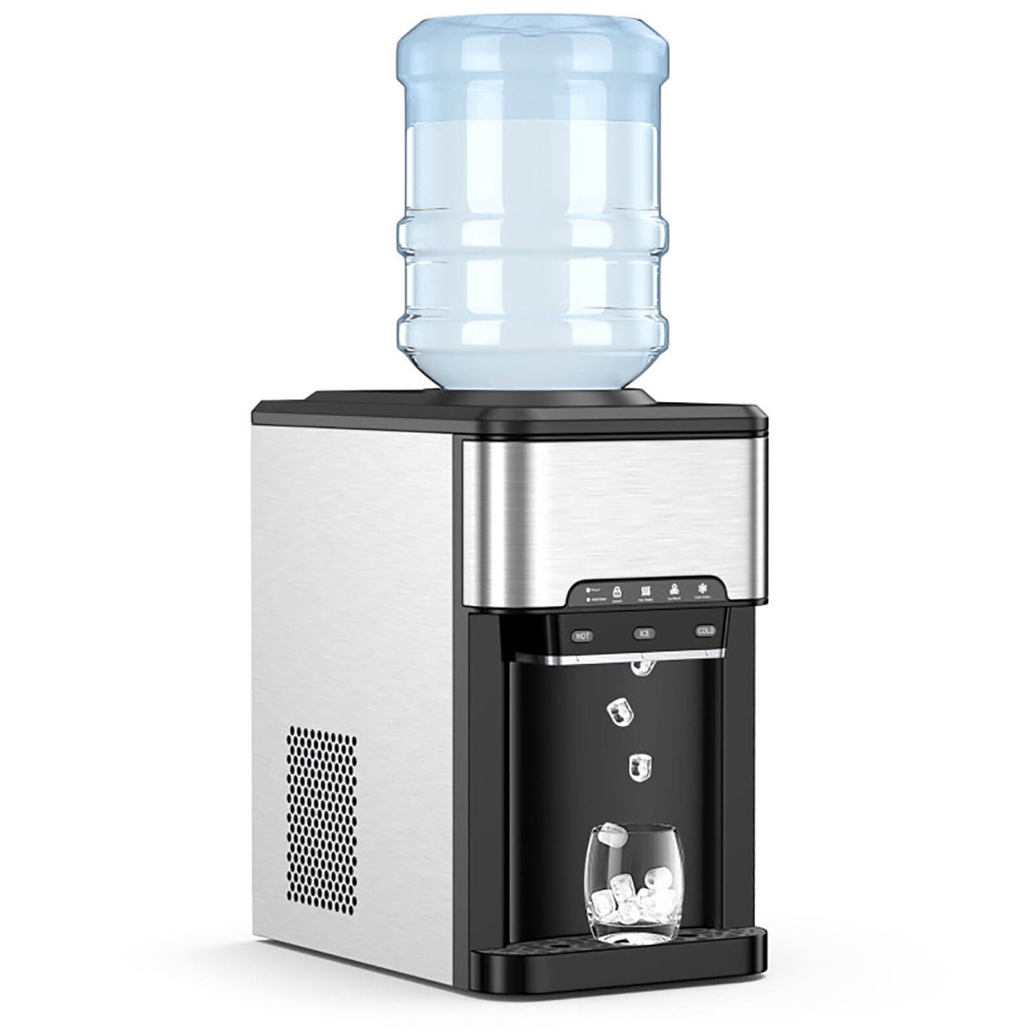 GZMR GM-ES10127US-SL Water Cooler Dispenser 3-in-1 with Built-in Ice Maker 40-lb Ice Per day Countertop Bullet Ice Maker ( Silver, black )