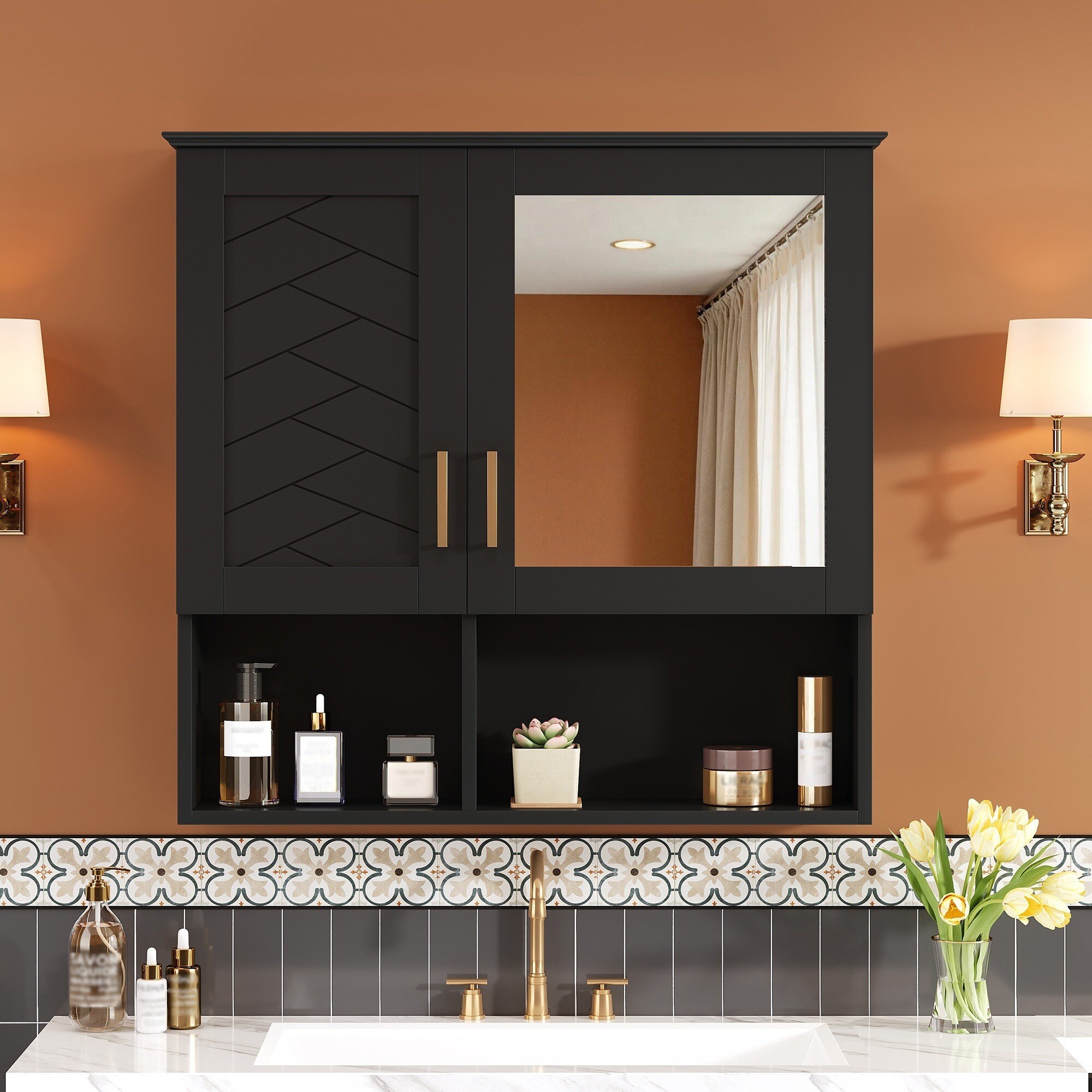 IAK 30 inch Black Wall Mounted Medicine Cabinet with Adjustable Shelves and Soft Close Doors