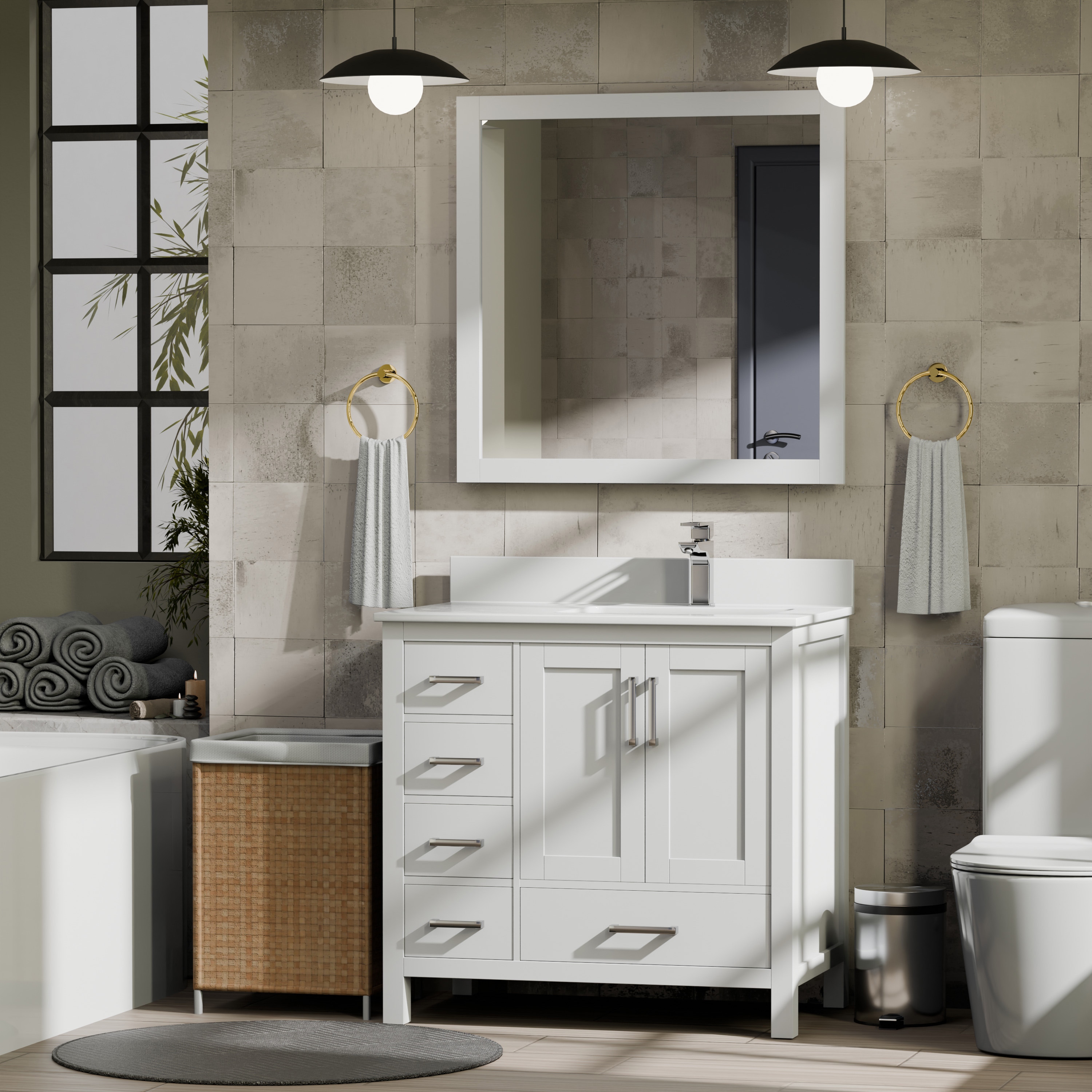 Lexora Jacques 36-in White Undermount Single Sink Bathroom Vanity with White Quartz Top (Faucet Included) (Fully Assembled)