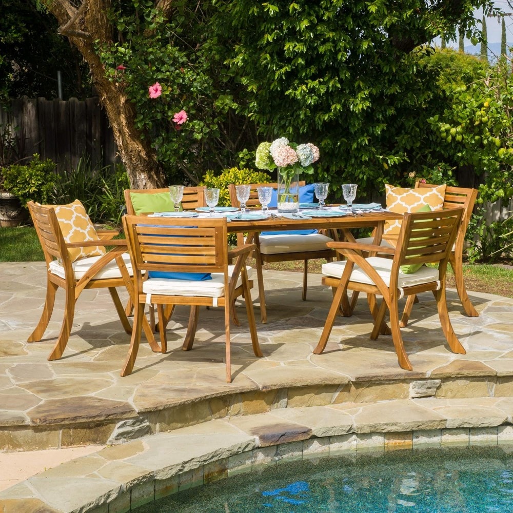 AAZJ JGD-54555TEA6 Patio Dining Sets 7 -Piece Teak Patio Dining Set Wood Rectangle Table with 6 Beige Cushions Stationary Chairs