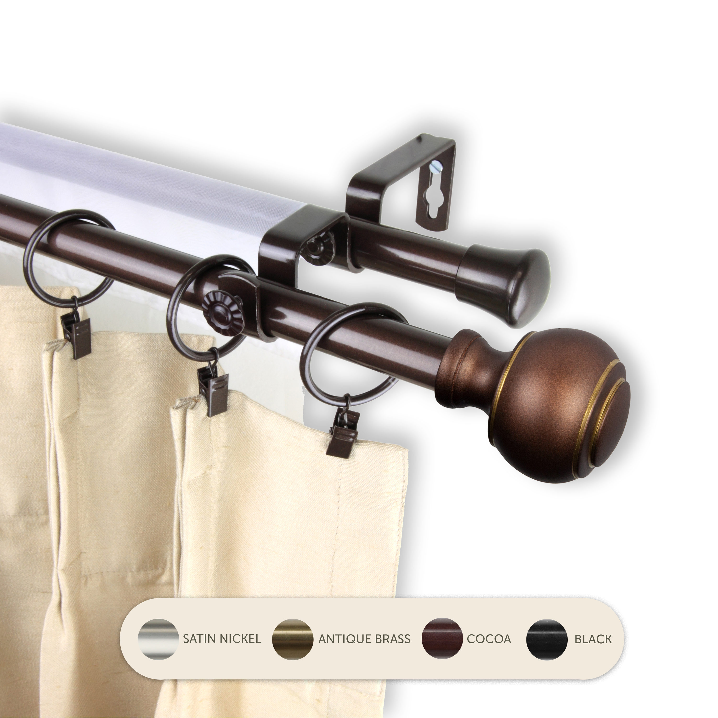 Hart & Harlow L-4798-667 Jaxon 13/16-in 66-in to 120-in Cocoa Steel Double curtain rod with Finials