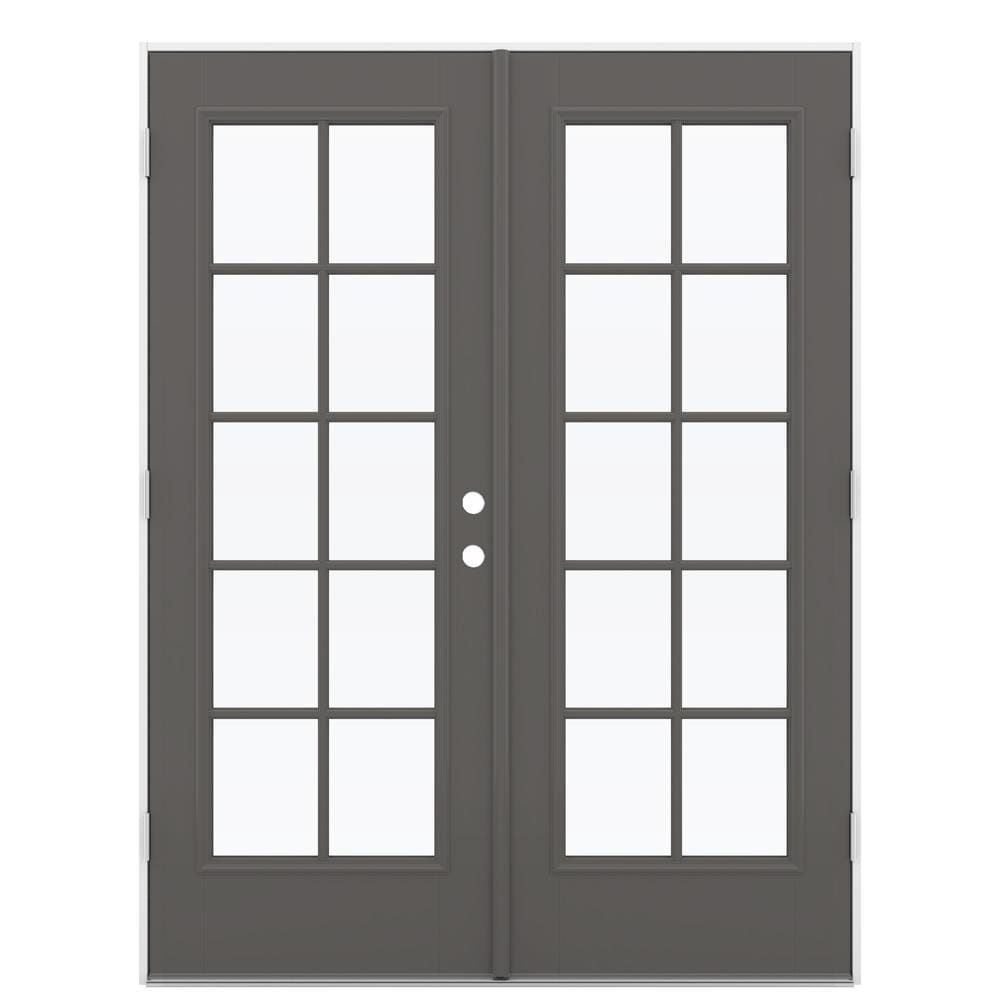 JELD-WEN 60-in x 80-in 4-9/16-in Low-e Timber Gray Fiberglass French Right-Hand Outswing Double Patio Door