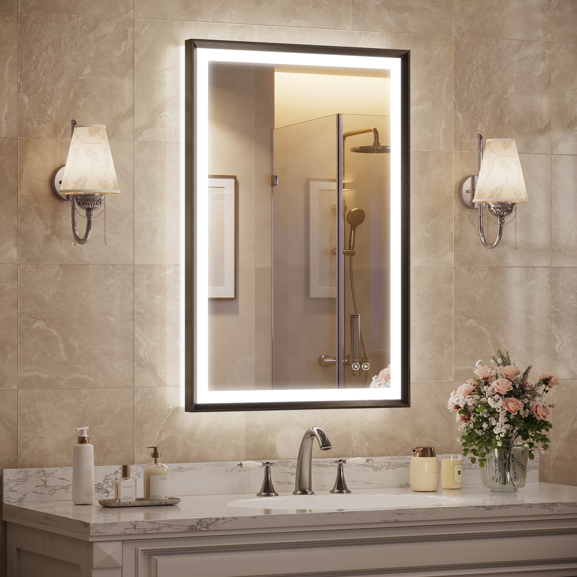 Aok Garden 24 in x 36 in Aluminum Framed LED Mirror with Anti Fog Dimmable Front and Backlight for Vanity Brushed Black