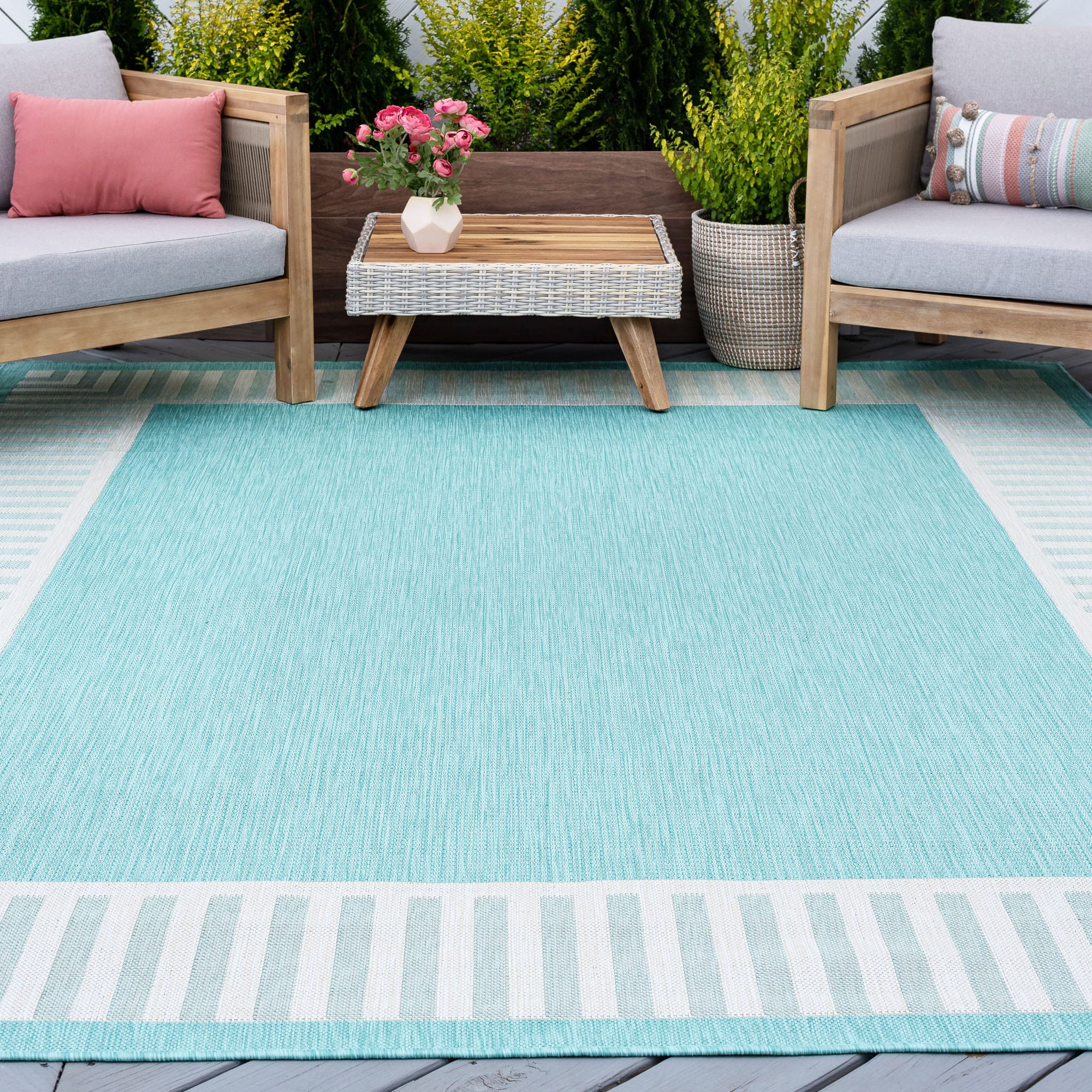 Tayse ECO1106 5X8 Eco 5 x 8 (ft) Flatweave Polypropylene Aqua Rectangular Indoor/Outdoor Border Coastal Area rug