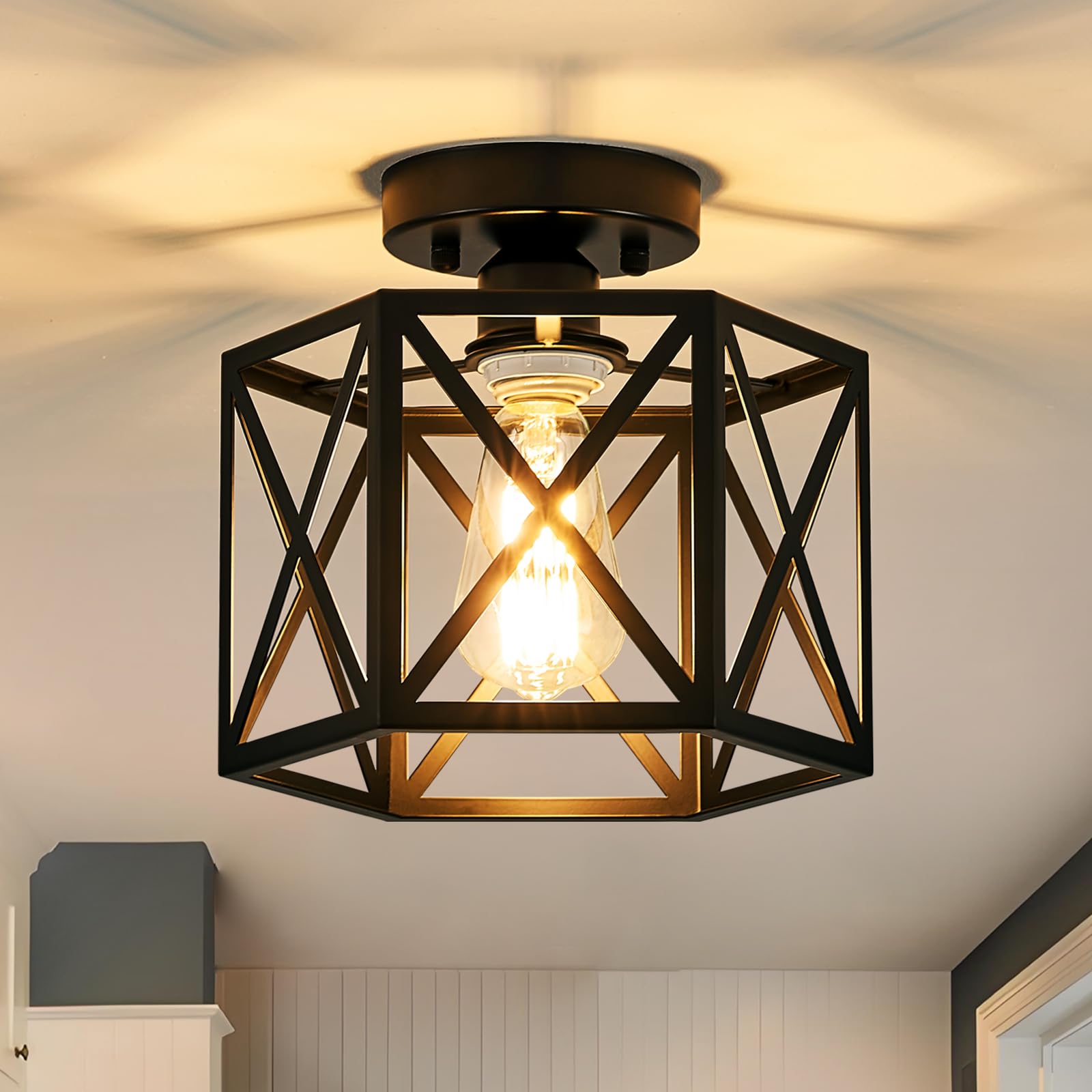 Ahfiwaso  Modern Farmhouse Black Hexagonal Semi Flush Mount Ceiling Light Fixture for Kitchen Bedroom Hallway Entryway 9.5 Inch