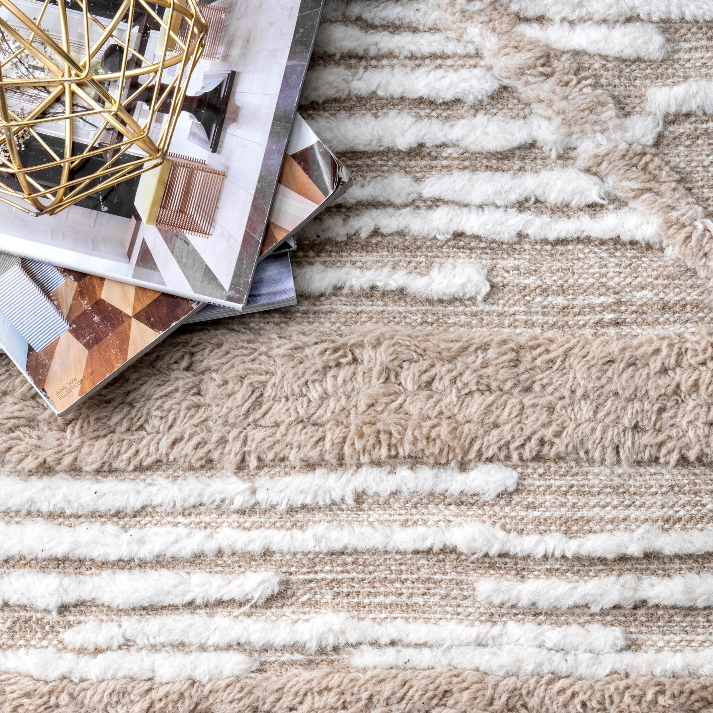 Handmade Geometric Shag Wool-Cotton Area Rug, 5' x 8', Beige