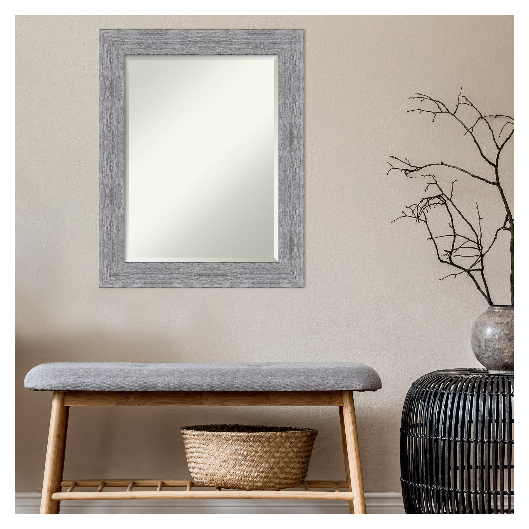 Gray Bark Rustic Rectangular Wall Mirror with Beveled Glass