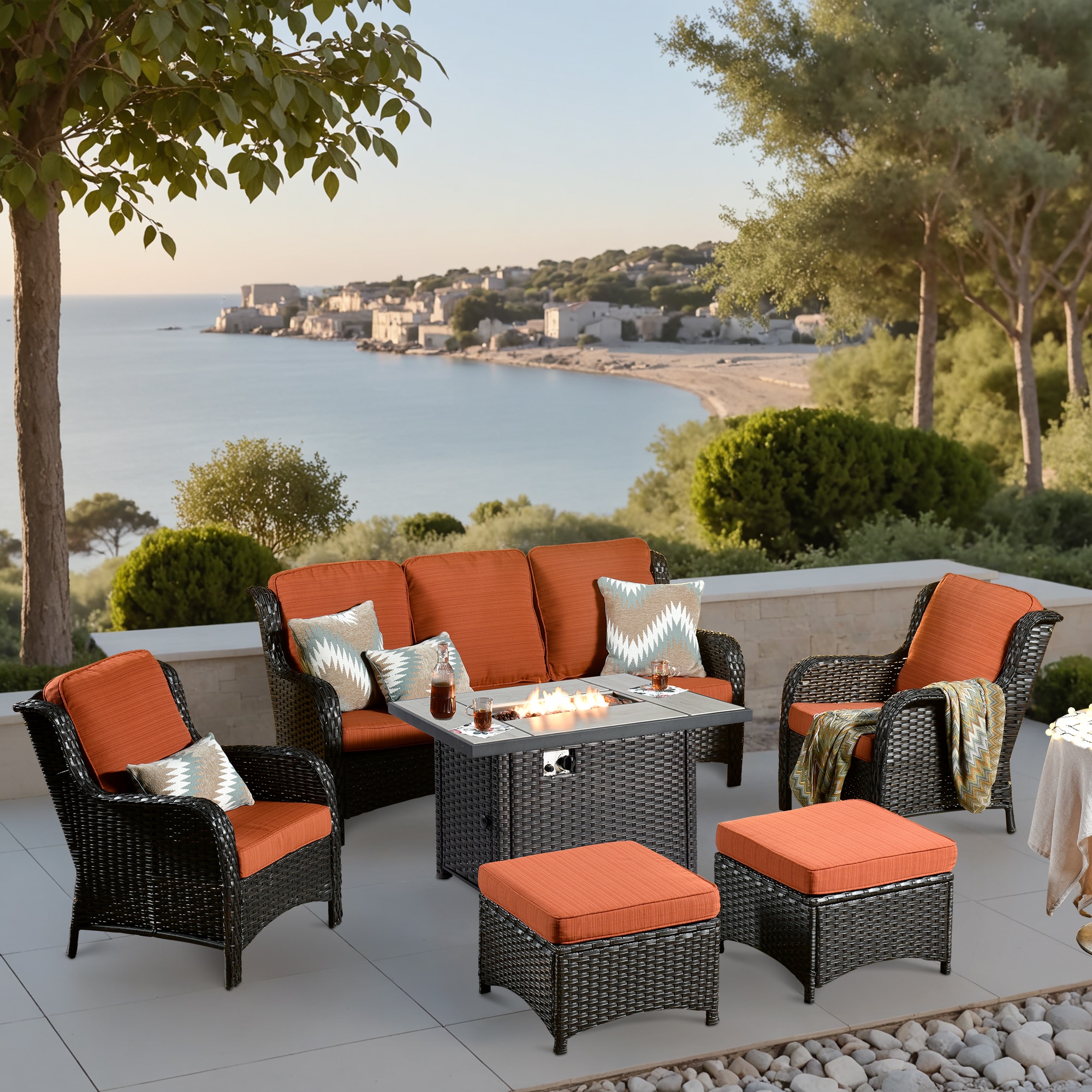 Ovios RFP-NTC8 New Kenard 6 -Piece Rattan Patio Sofa Conversation Set with Orange Cushions