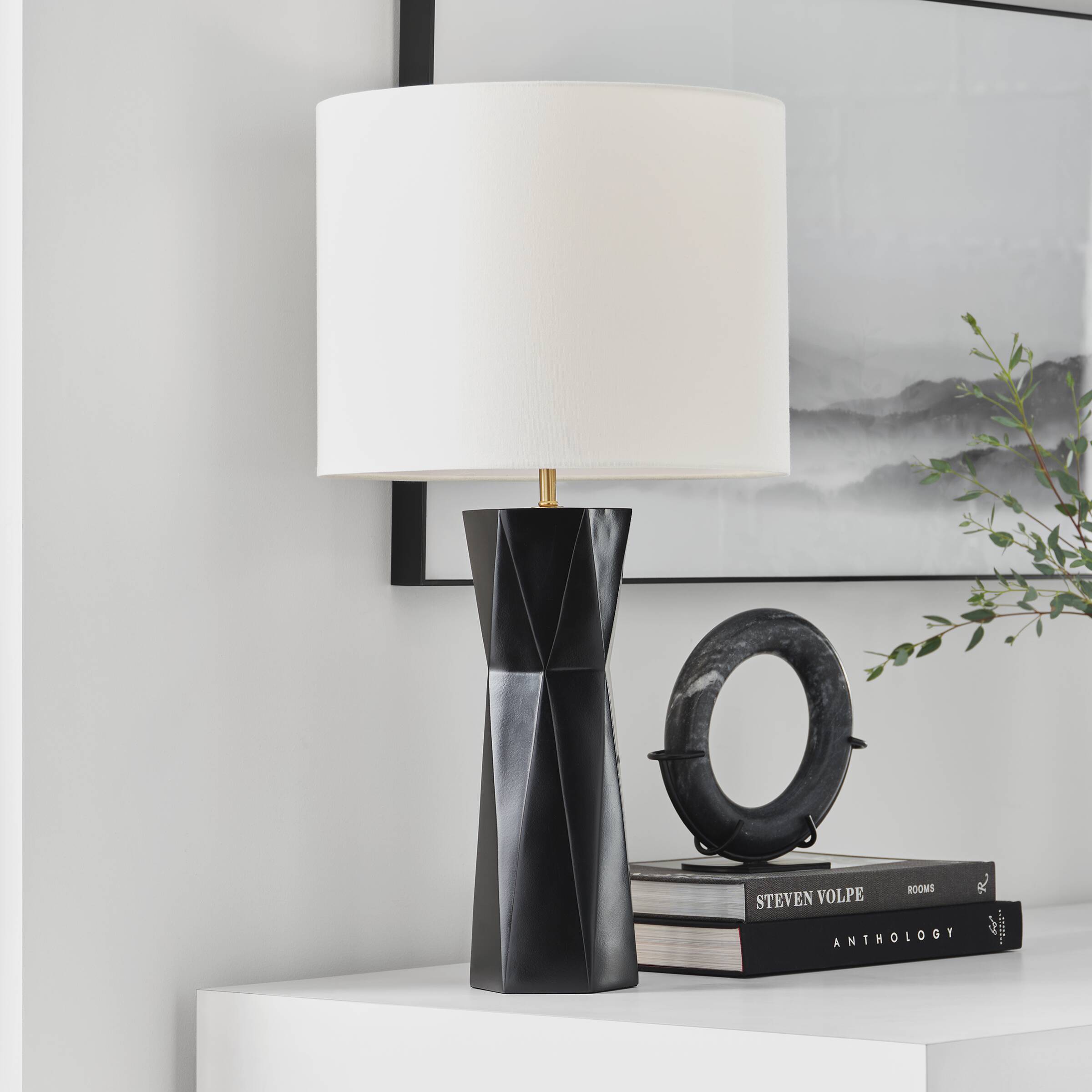 Gloss Black Resin Table Lamp with White Linen Shade