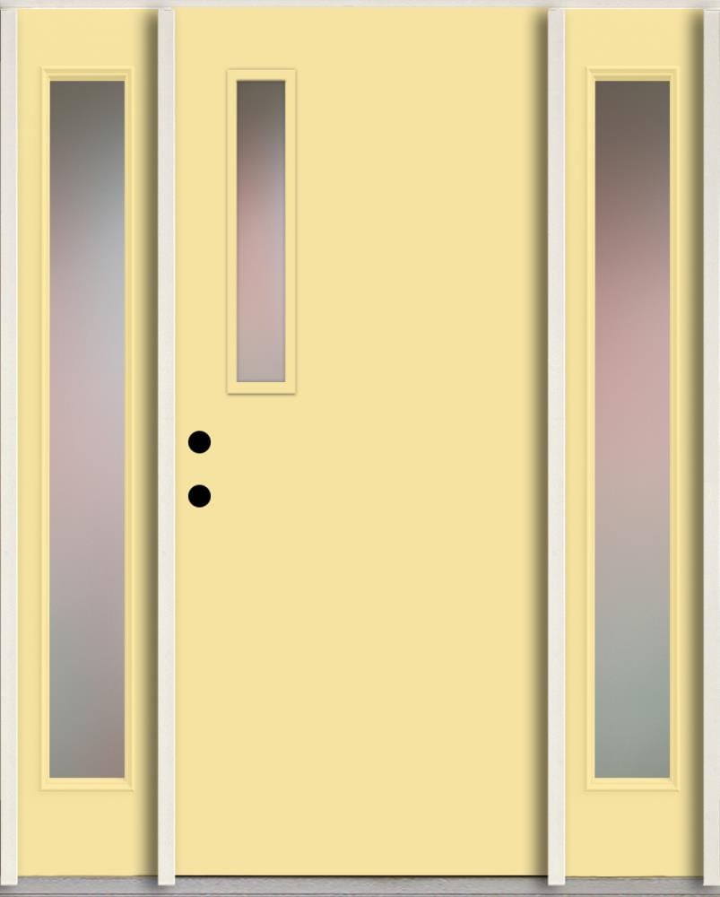 RELIABILT LO1063581 Spotlights 60-in x 80-in x 4-5/8-in Fiberglass 1/4 lite Right-hand inswing Cabana Yellow Paint Painted Prehung Front Door with Sidelights Insulating core
