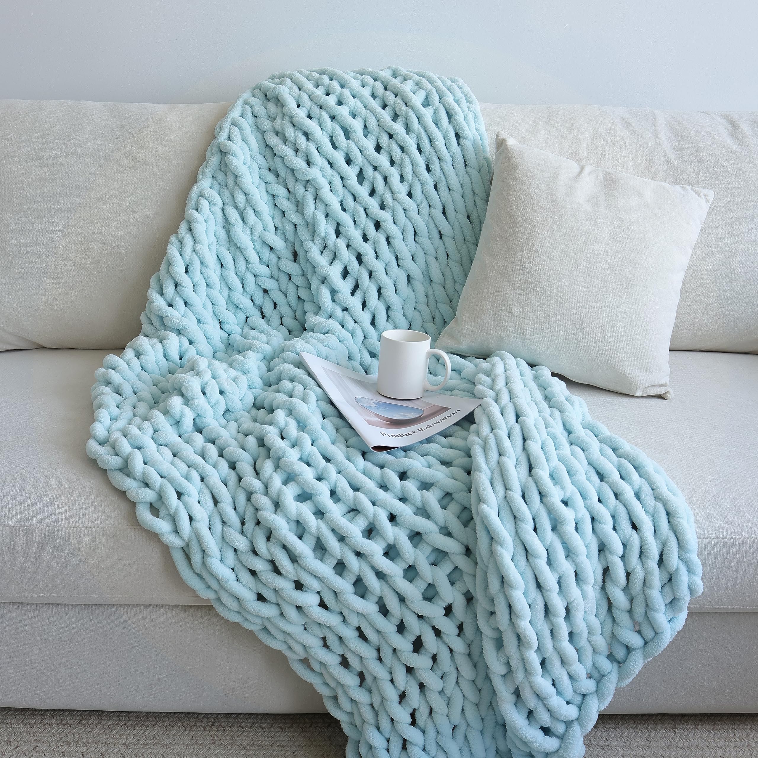 PIGFDK Baby Blue 50x60in  Handmade Chunky Chenille Knit Blanket Throw Warm Cozy Couch Bed Home Decor Soft Breathable Non Shedding Thick Giant Yarn Gift