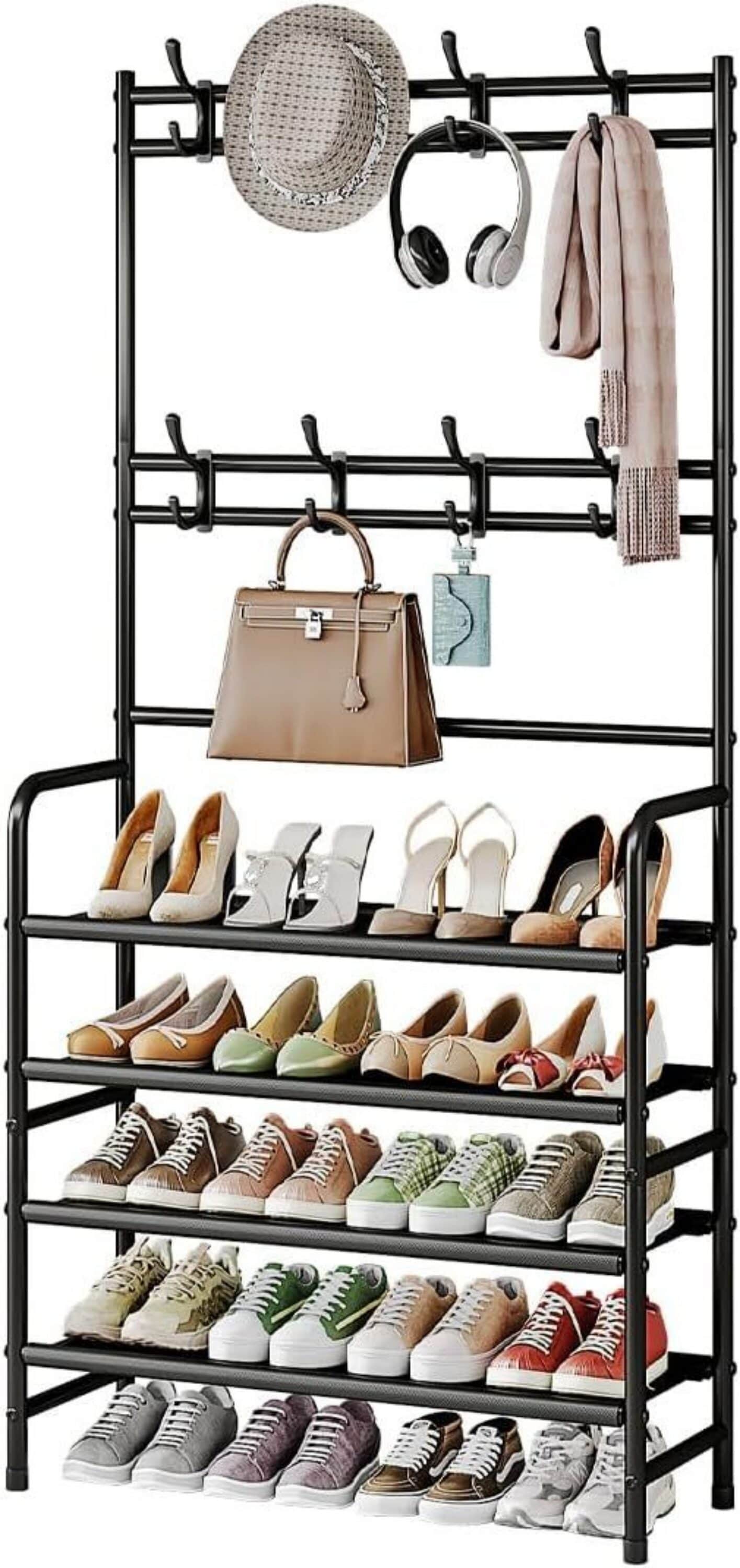 JUSHUA Black 4 Tier Freestanding Coat Rack and Shoe Rack with 8 Hooks Storage Shelves for Entryway Bedroom Closet
