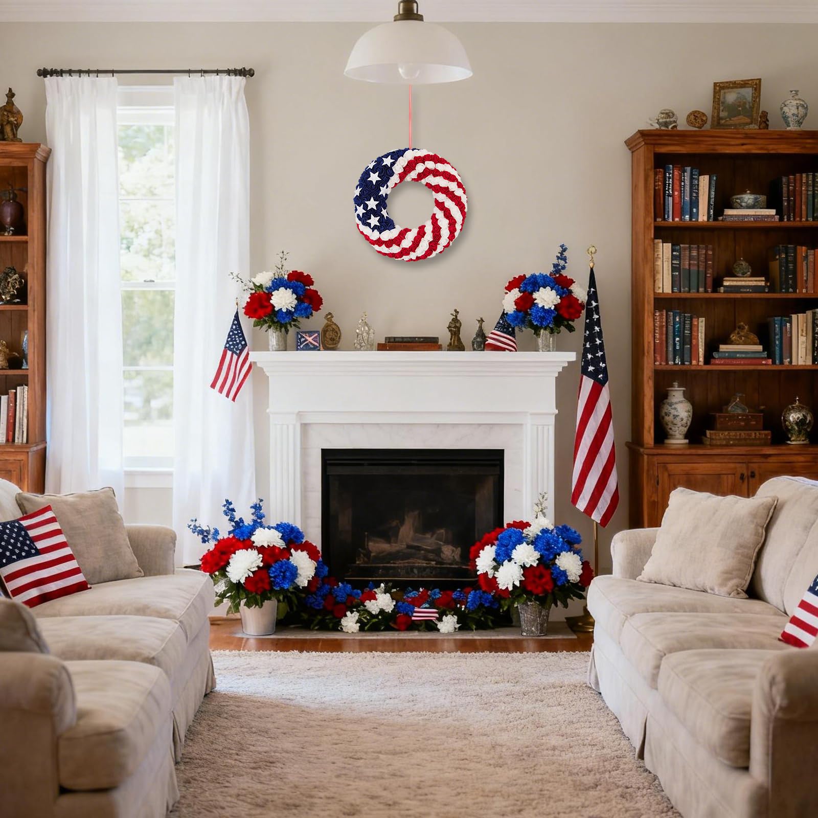 AKSCYZM 13.3 Inch Patriotic Roses Wreath for Front Door 4th of July ...