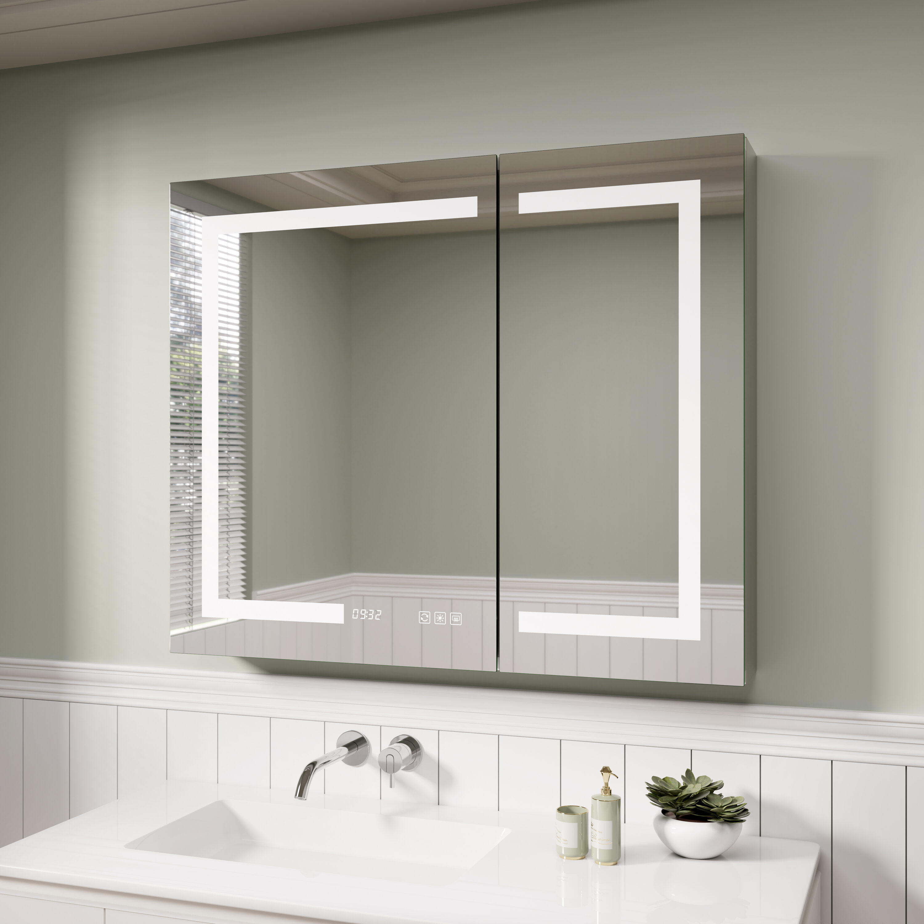 Royal Guard LMC3630-3 Clean 36-in x 30-in Lighted LED Fog Free Surface/Recessed Mount Silver Mirrored Rectangle Soft Close Medicine Cabinet with Outlet