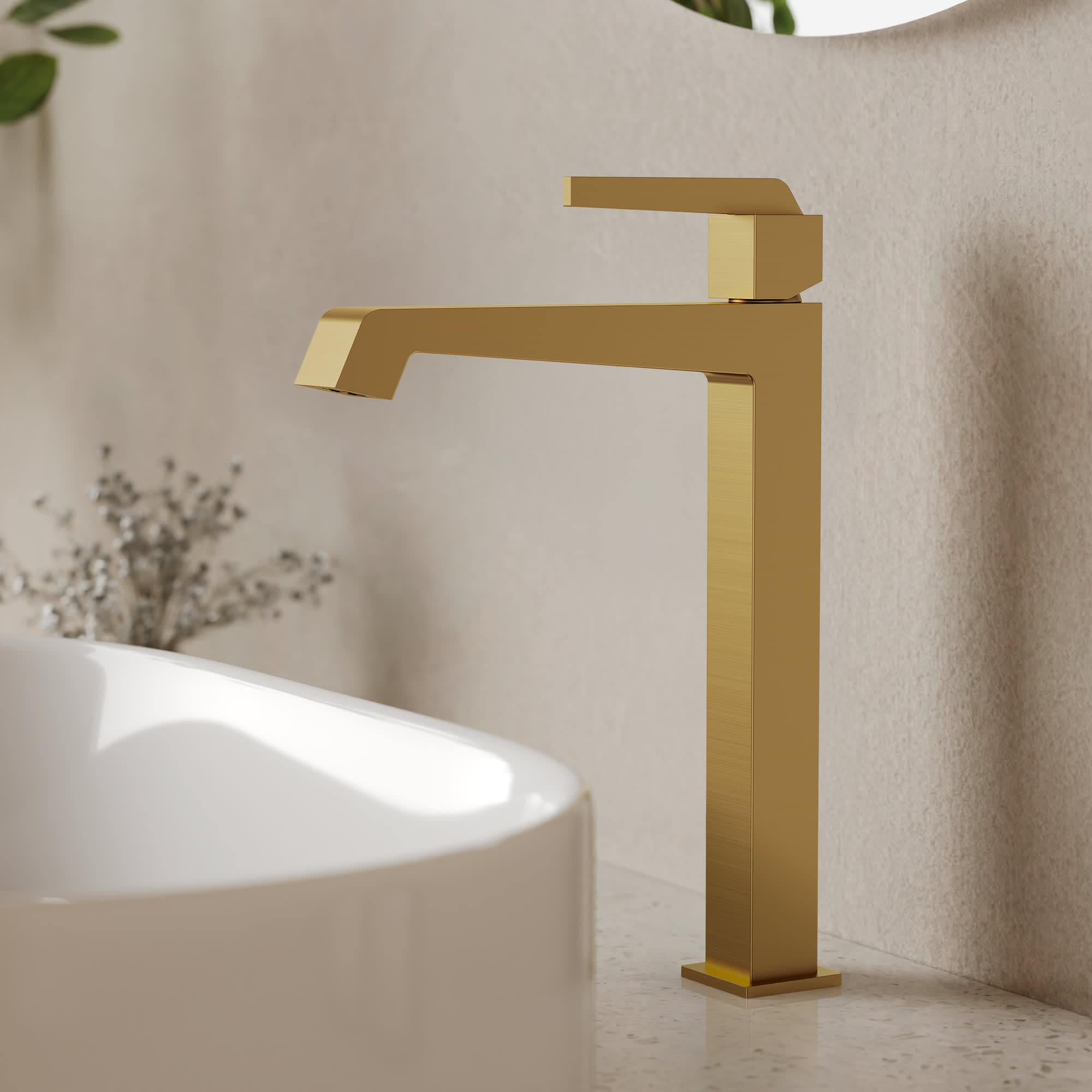 EVERSTEIN Brushed Gold Vessel Solid Brass Single Hole Bathroom Faucet Tall 1-Handle Bathroom Sink Faucet Pop-Up Drain Included 1.2GPM