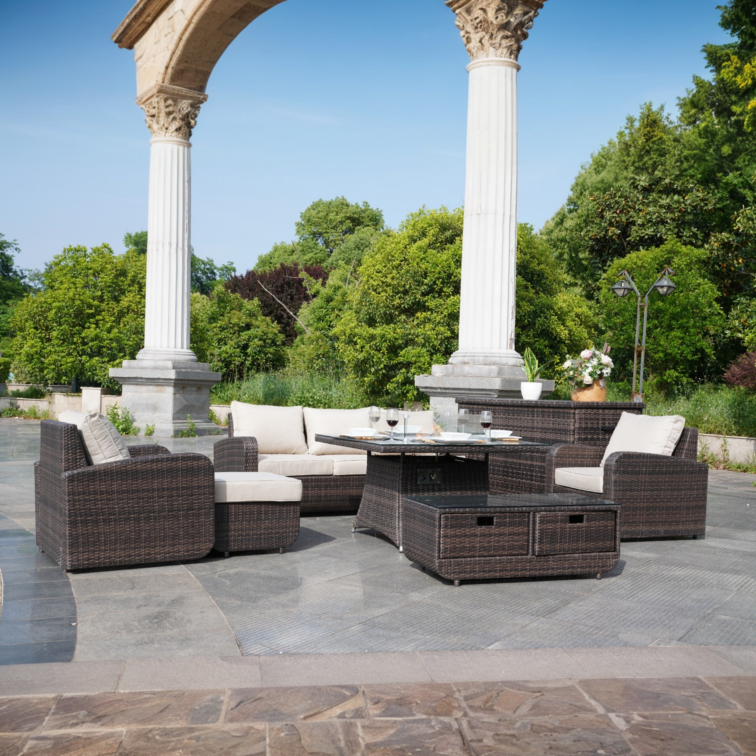 Direct Wicker DWG-041515&3256B-BR 7 -Piece brown Wicker Patio Dining Set Aluminum Square Table with 4 Beige Cushions Stationary Chairs Fire Pit Included