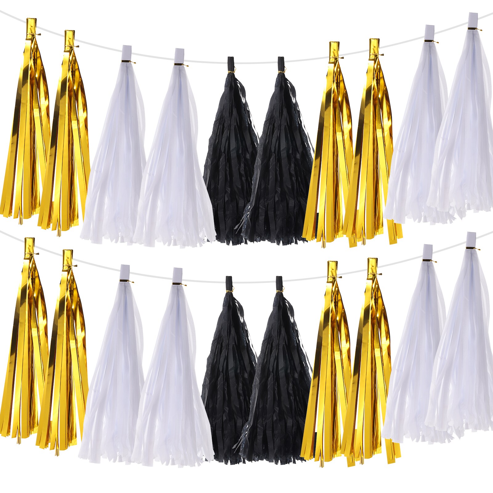 Unique Bargains 30Pcs Black White Gold Tassel Garland Banner with Rope Tissue Paper Tassels Party DIY Kits for Anniversary Wedding Birthday Party