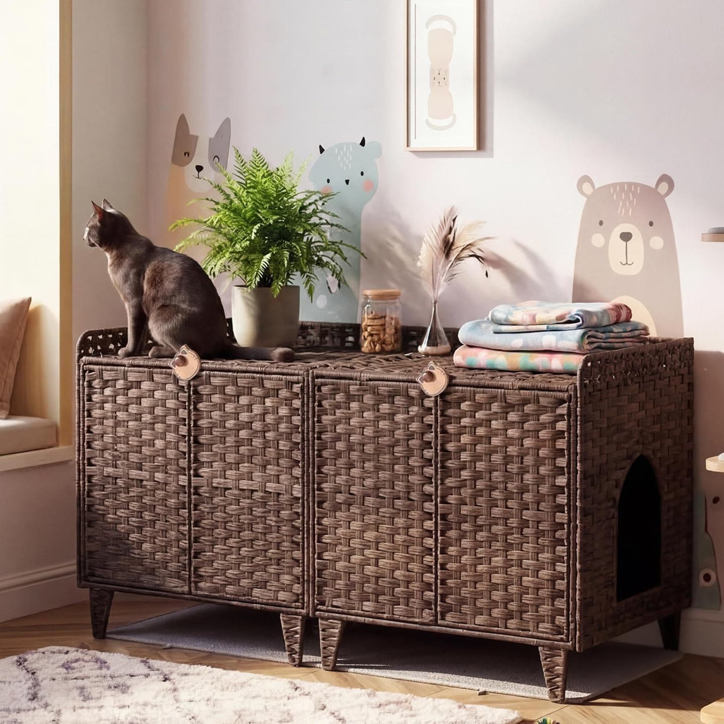 GAOMON - Hidden Litter Box Furniture 47 Inch Double Cat Litter Box Enclosure Handwoven Rattan wit...